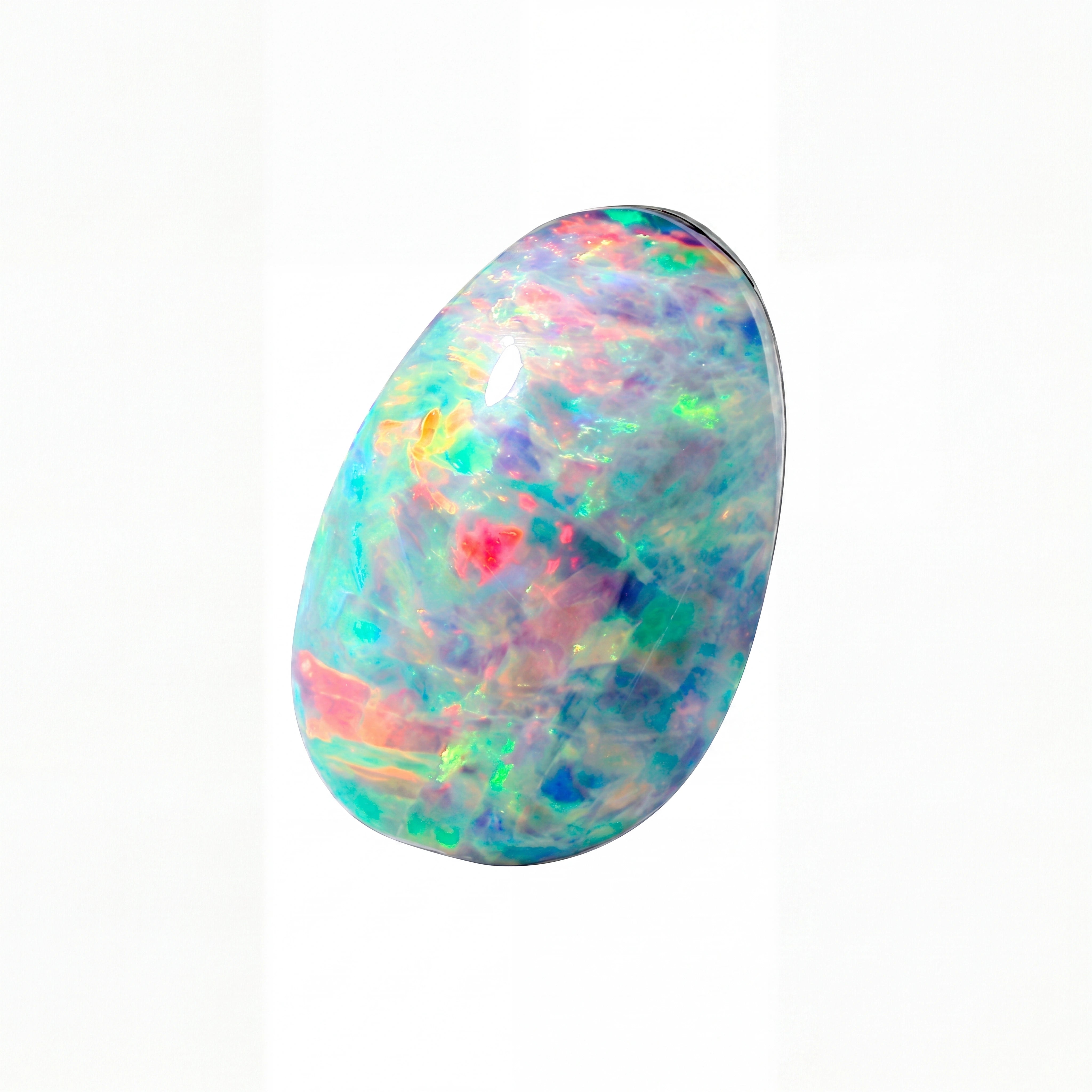 A polished cabochon opal gemstone displaying a vibrant play-of-colour with blue, pink, green, and purple hues, set against a plain white background.