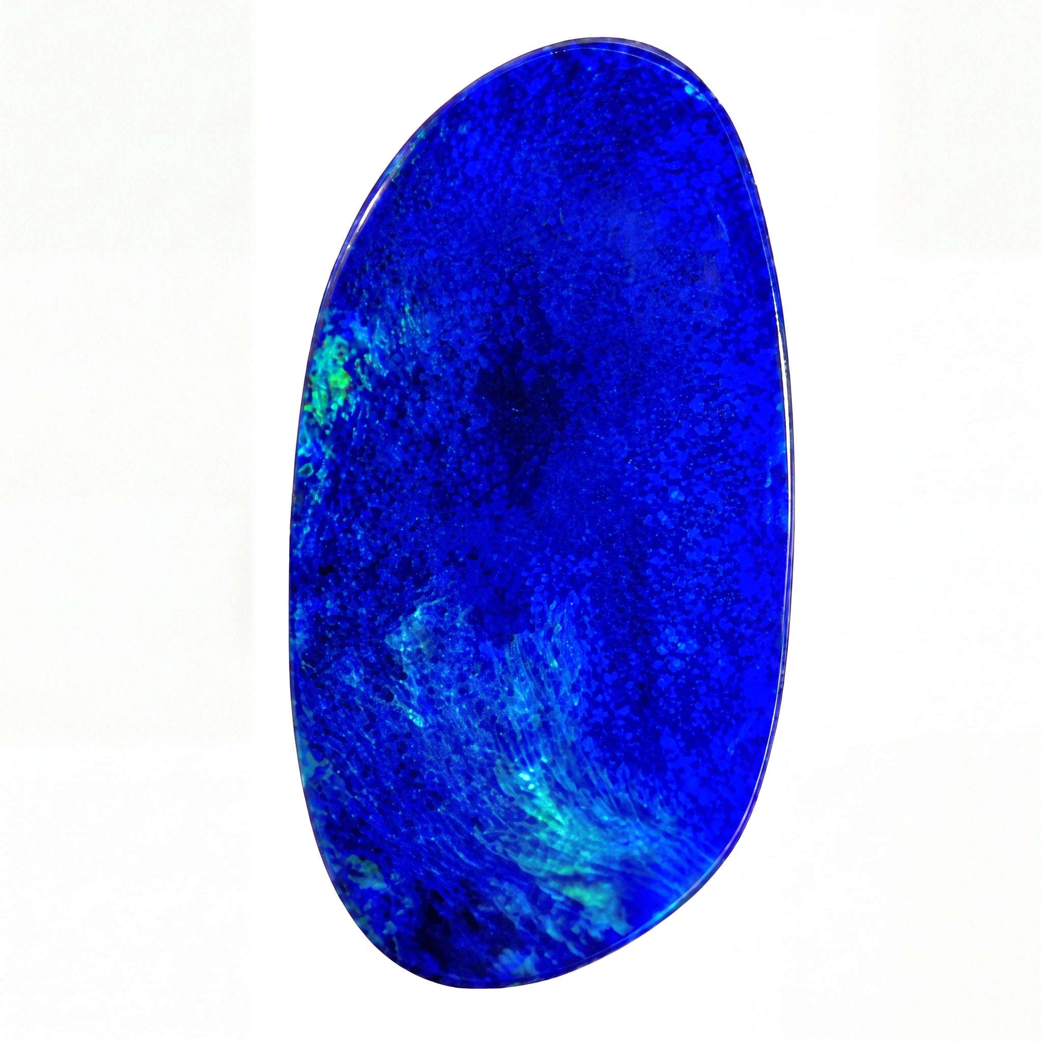 A polished oval-shaped opal gemstone with natural marbled blue and white textures, shown against a solid white background.