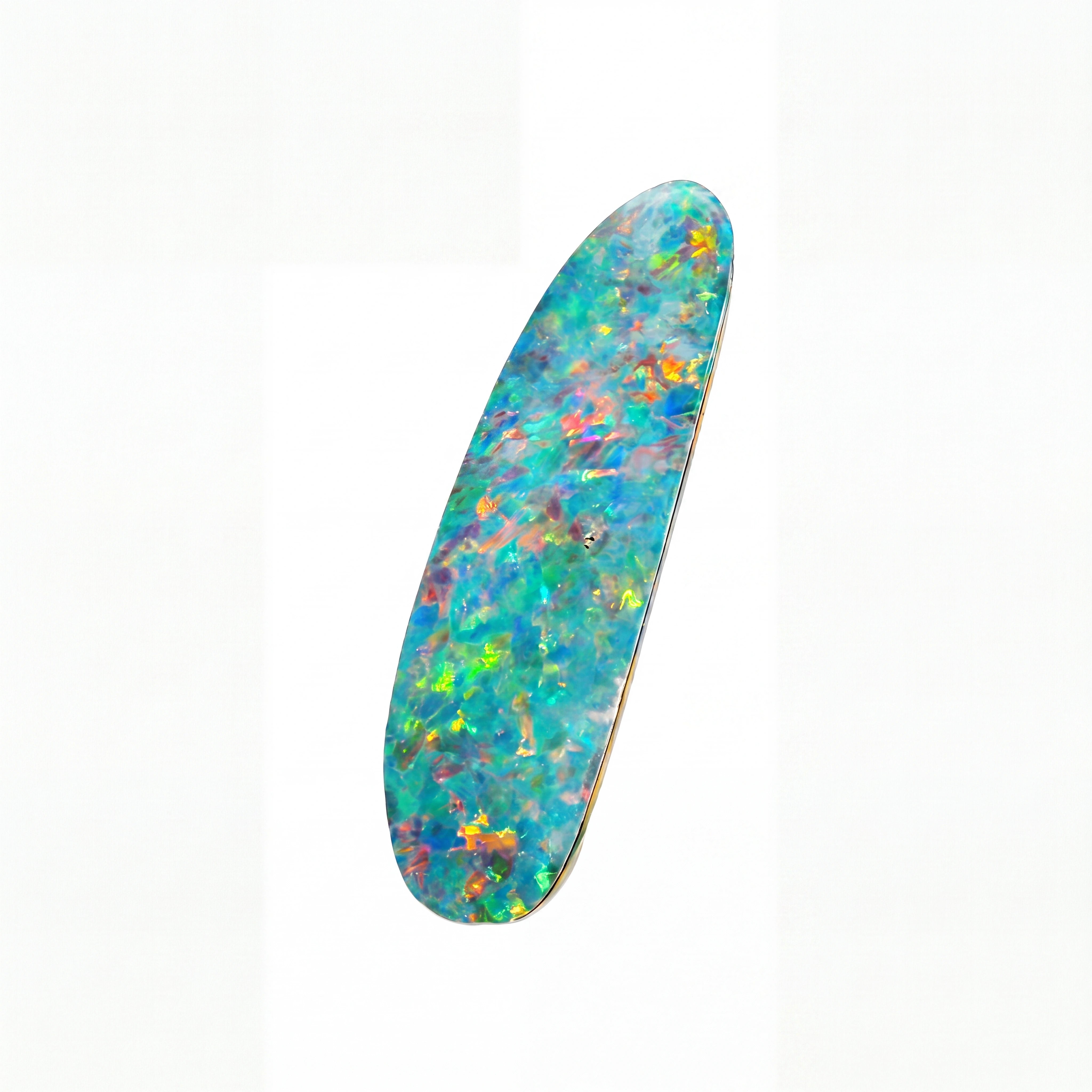 A skateboard deck featuring a vibrant, multicoloured iridescent opal pattern with shades of blue, green, orange, and yellow on a light wood base, shown against a plain white background.