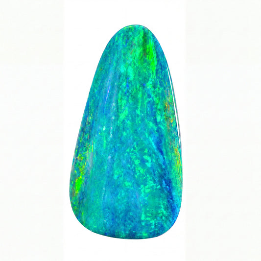 A polished teardrop-shaped opal gemstone displaying vibrant blue, green, and turquoise iridescent play-of-colour, set against a plain white background.