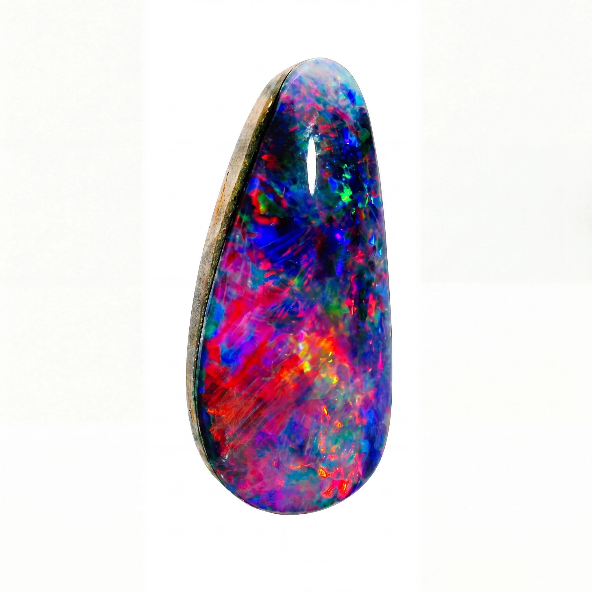 A teardrop-shaped cabochon opal gemstone displaying vibrant, swirling play-of-colour with blue, red, pink, green, and orange, set in a dark metal bezel on a white background.