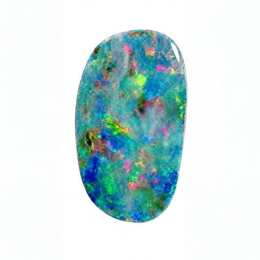 A polished oval cabochon opal gemstone displaying a vibrant play-of-colour with blue, green, pink, and yellow iridescence on a white background.