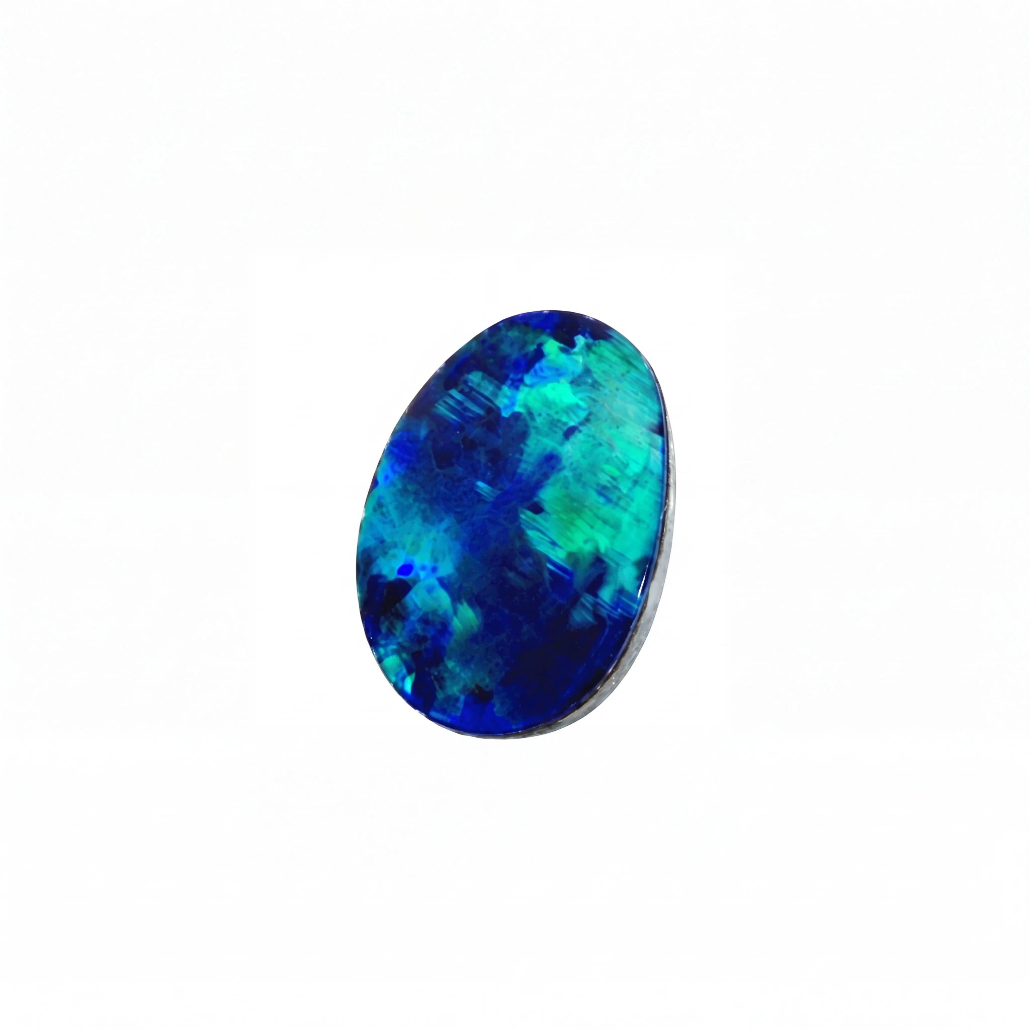 A single oval cabochon gemstone with vibrant blue and green iridescent play-of-colour, set in a silver-toned bezel against a plain white background.