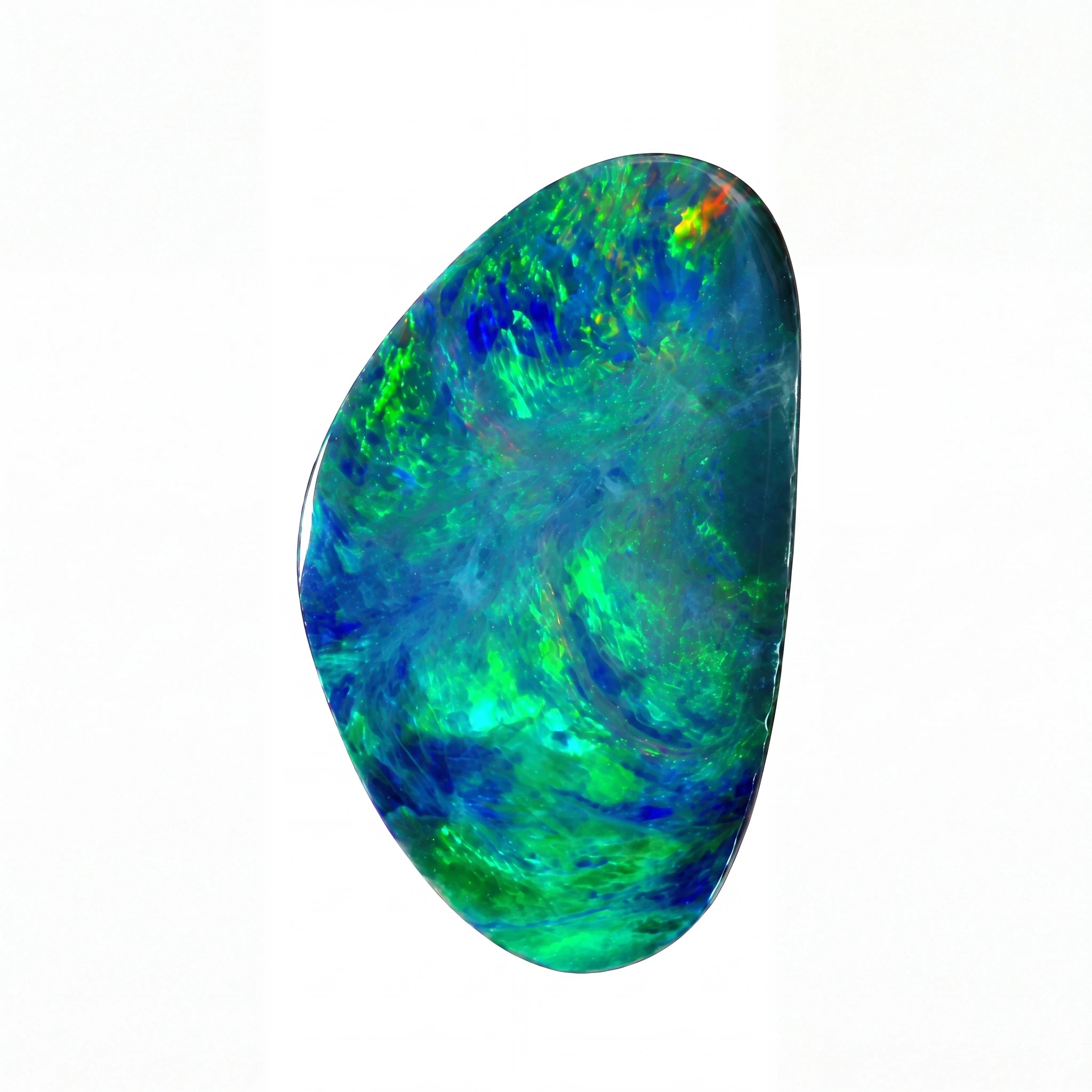 A polished, irregularly shaped opal gemstone displaying vibrant swirling patterns of blue, green, and hints of orange, set against a plain white background.