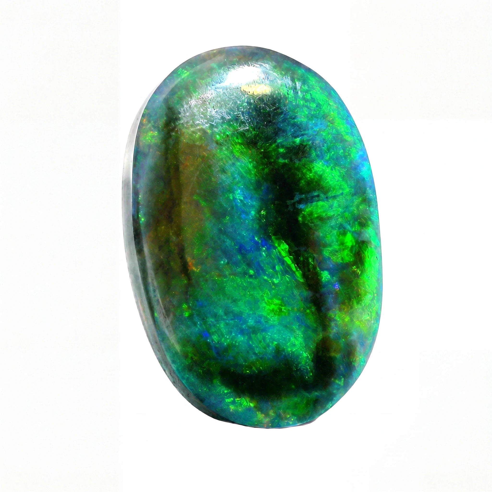 A polished oval cabochon gemstone featuring vibrant green, blue, and black iridescent play-of-colour, displayed on a clean white background.