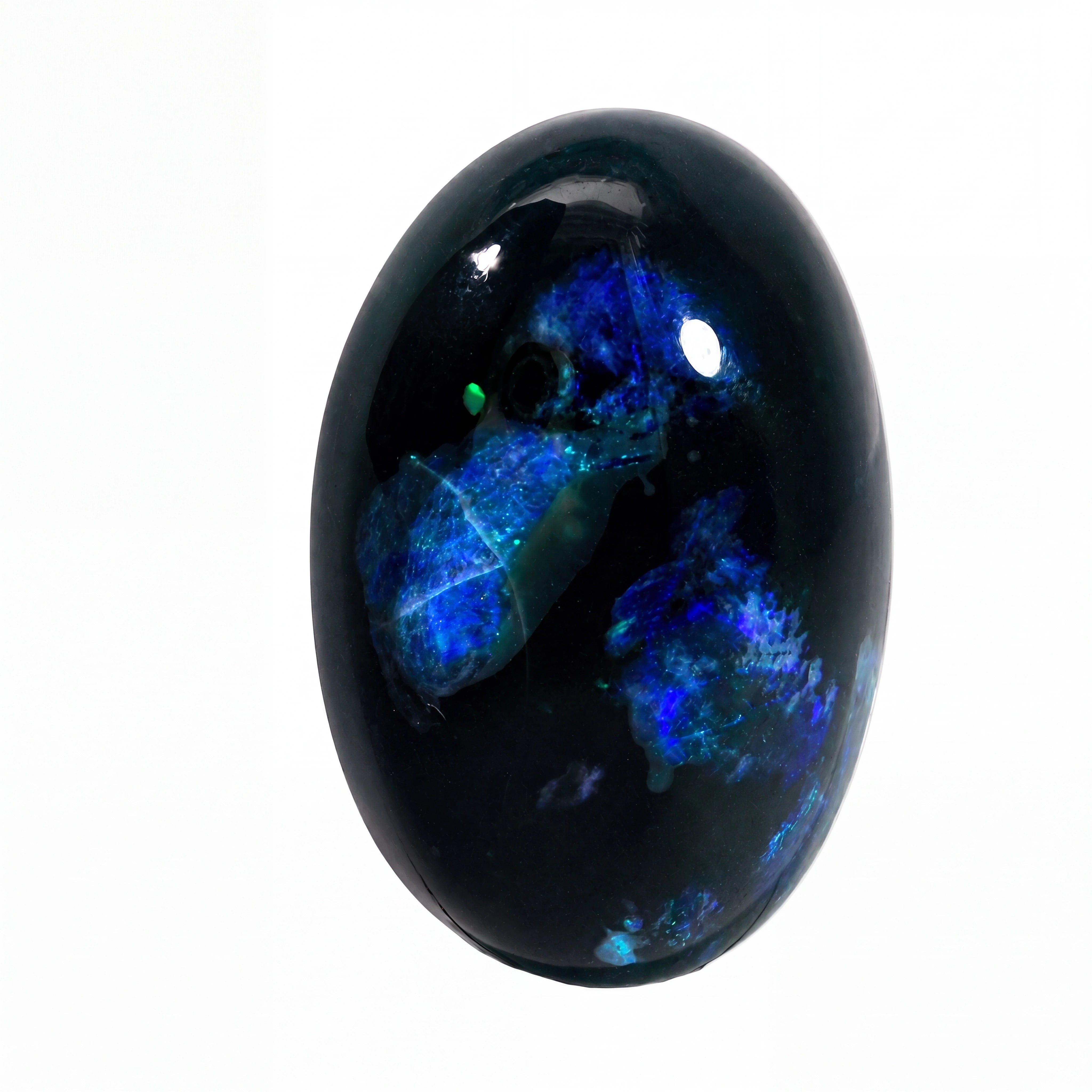 A polished oval opal gemstone featuring a deep black base with vibrant blue and green iridescent opal patterns, set against a plain white background.