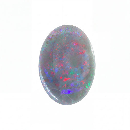 A polished oval cabochon opal gemstone displaying a play-of-colour pattern with red, blue, green, and purple flashes on a grey base, set against a plain white background.