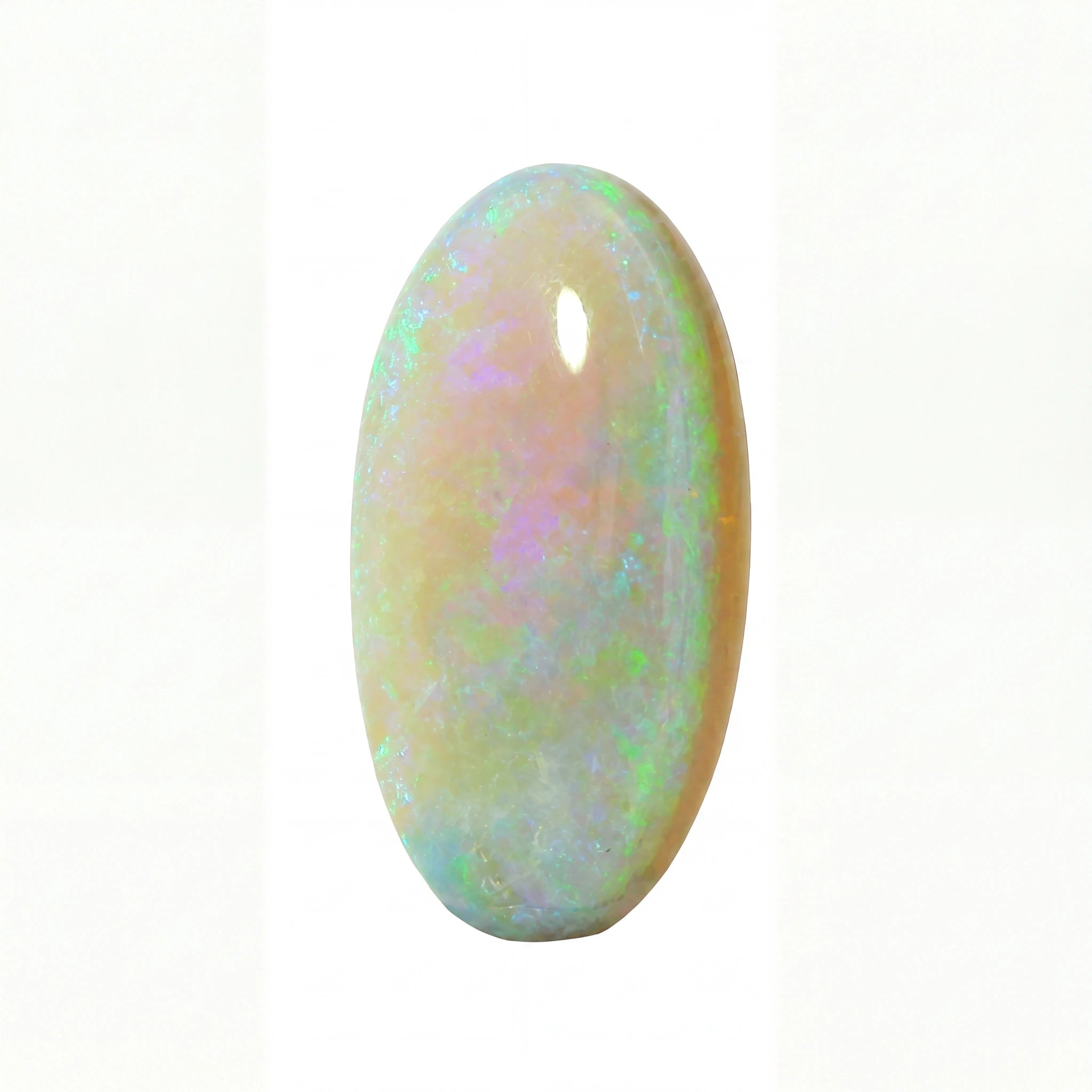 A polished oval cabochon opal gemstone displaying a soft iridescent play-of-colour with pale peach, lavender, green, and blue hues on a white background.