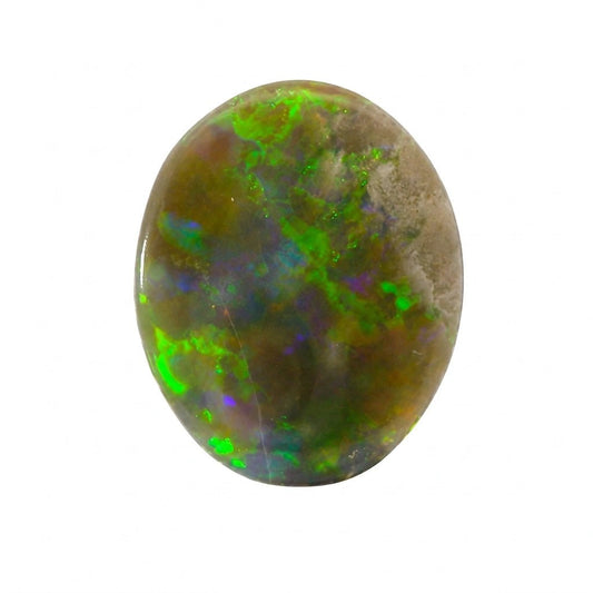 A polished oval cabochon opal gemstone displaying vibrant green, blue, and purple flashes over a brown and grey base, set against a plain white background.