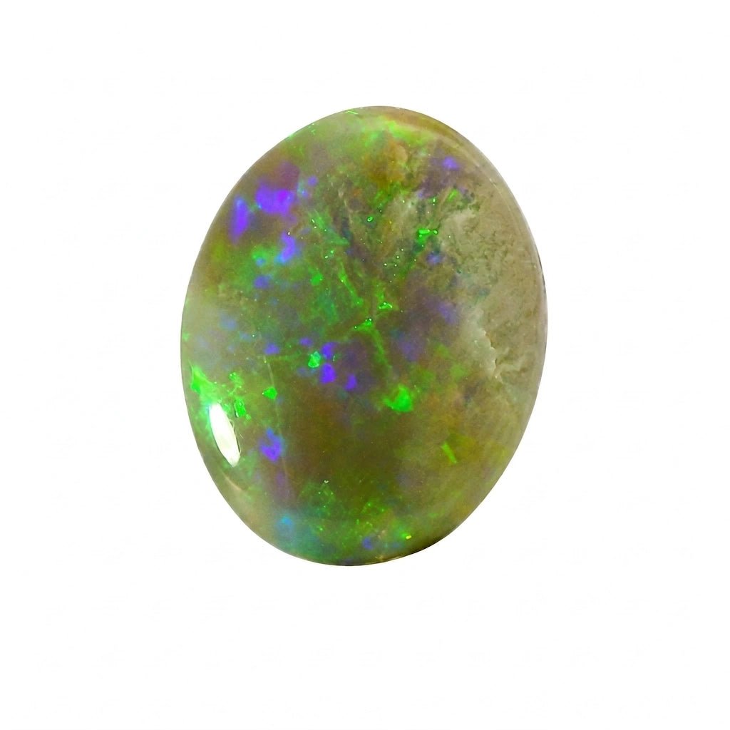 A polished oval cabochon gemstone showing a play-of-colour opal pattern with vibrant green, purple, and blue flashes against a golden-brown base, isolated on a white background.