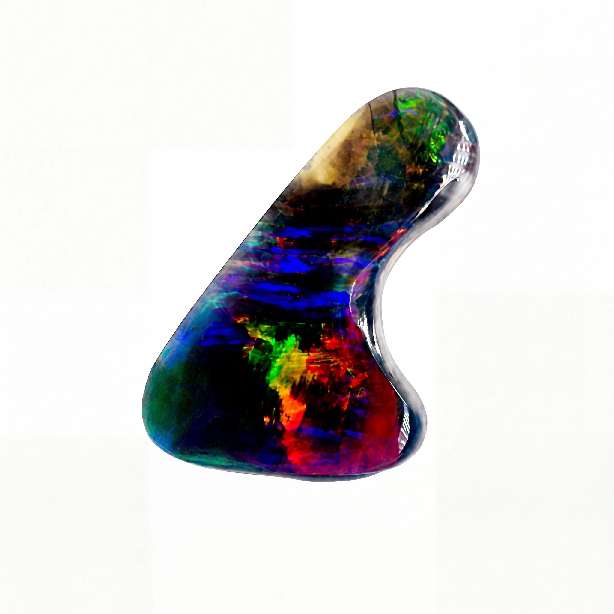 A polished natural opal stone with a curved, asymmetrical shape, displaying a vibrant play-of-colour with blue, green, red, orange, and black bands on a white background.