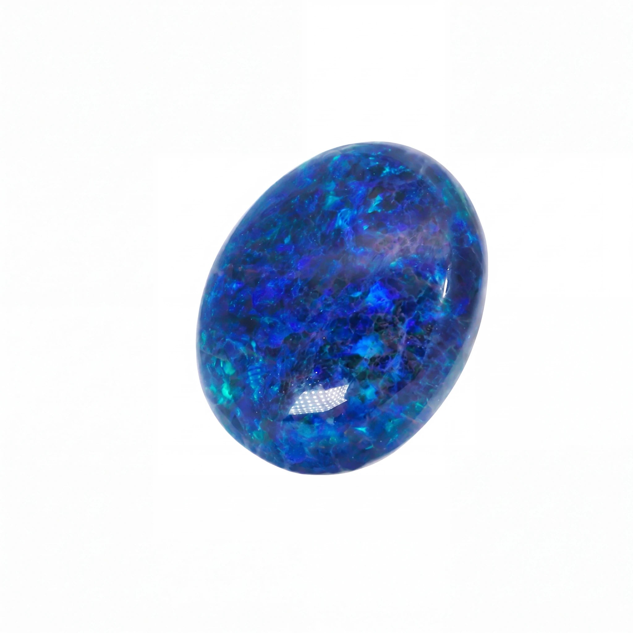 A polished oval cabochon gemstone with vibrant blue and teal opal-like play-of-colour, shown on a plain white background.