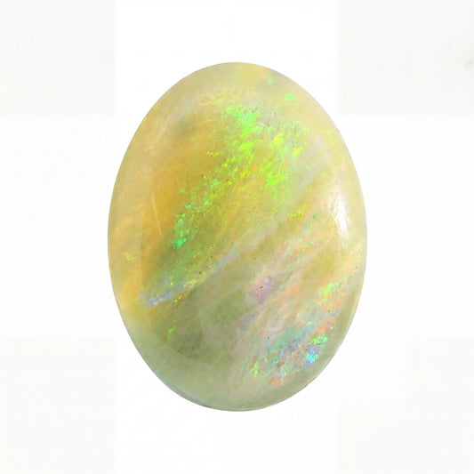 A polished oval cabochon gemstone with a creamy yellow base and vibrant iridescent flashes of green, blue, and pink, set against a plain white background.
