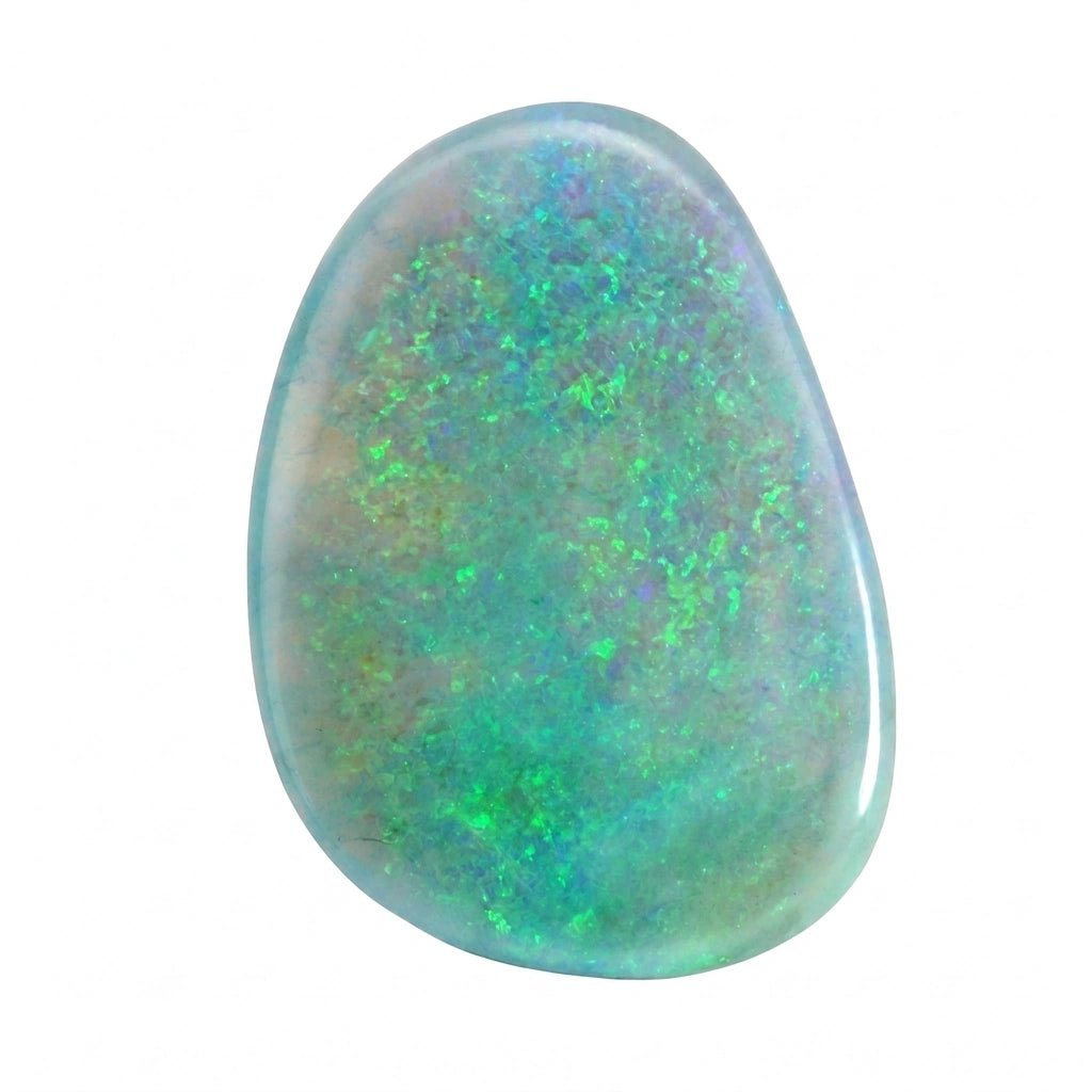 A polished teardrop-shaped opal gemstone displaying vibrant green, blue, and purple flashes against a pale grey-blue base, isolated on a white background.