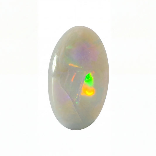 A polished oval cabochon gemstone with a milky white base and vibrant iridescent flashes of green, orange, and purple, isolated on a white background.