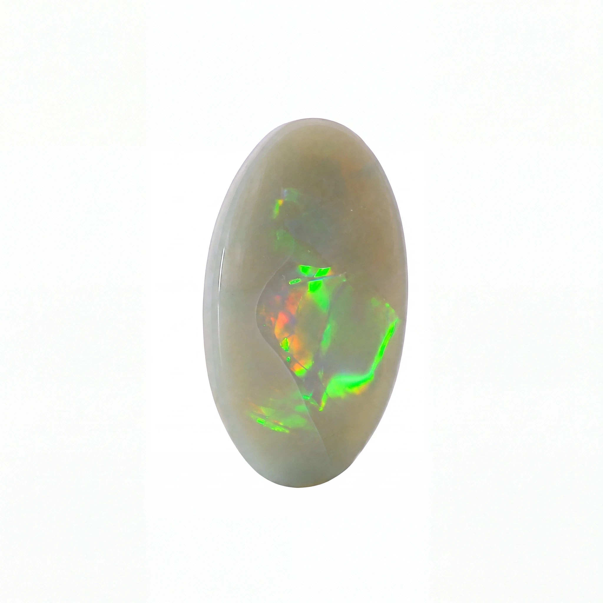 A polished oval cabochon opal gemstone displaying vibrant flashes of green, orange, and red iridescence against a pale greyish-white base, set against a plain white background.