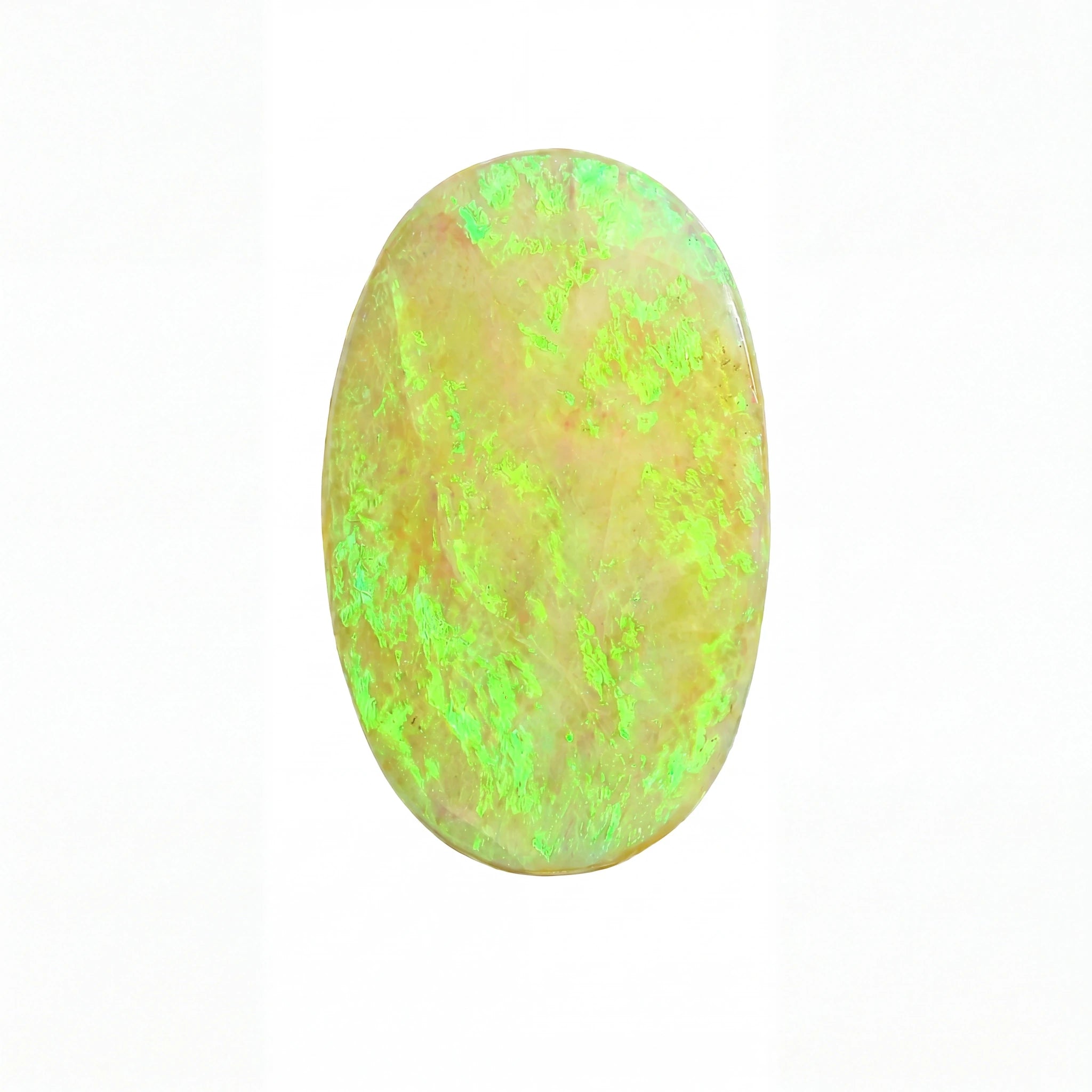 A polished oval cabochon gemstone with a creamy yellow base and vibrant neon green flashes, set against a plain white background.