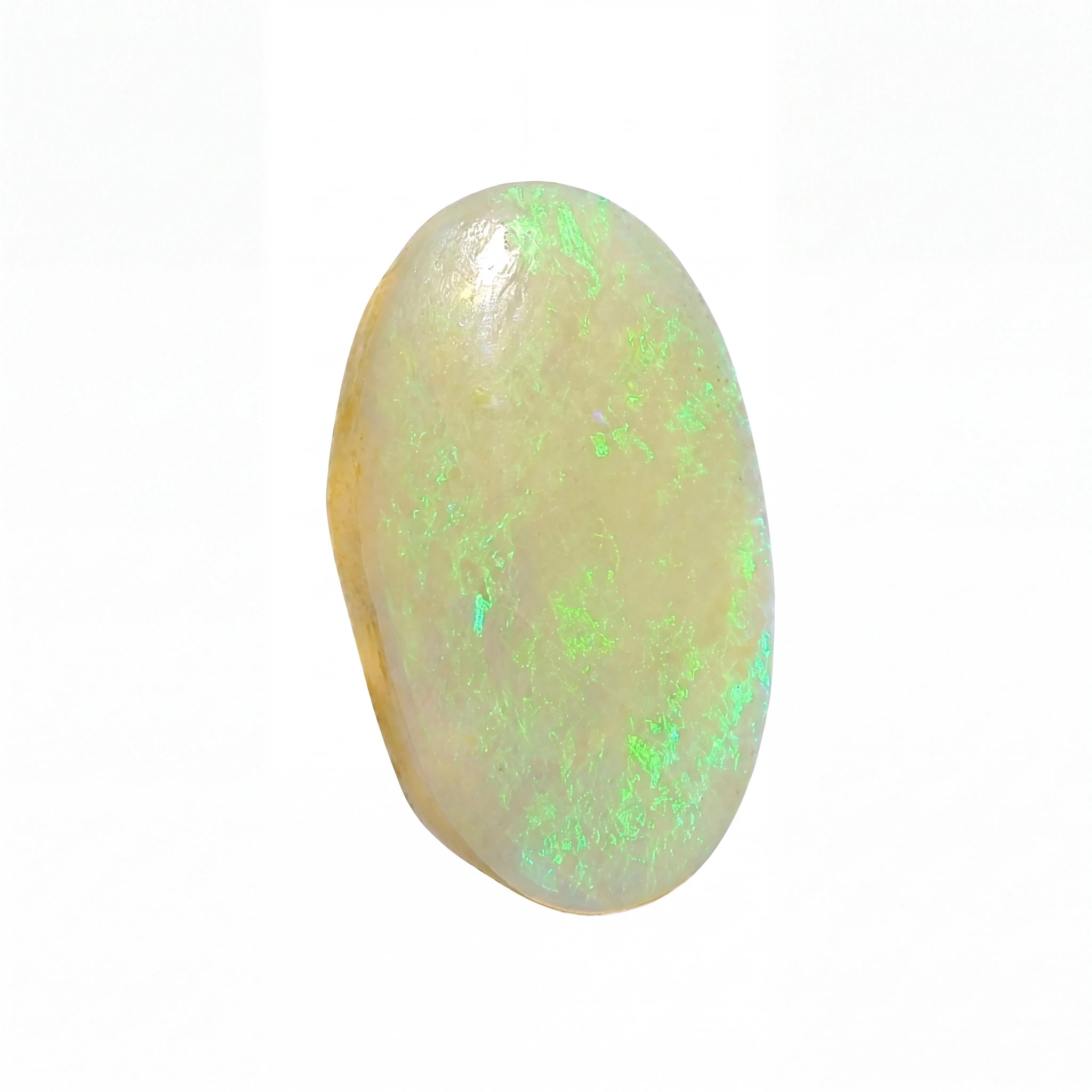 A polished oval cabochon gemstone with a creamy off-white base and vibrant green iridescent flashes, set against a plain white background.