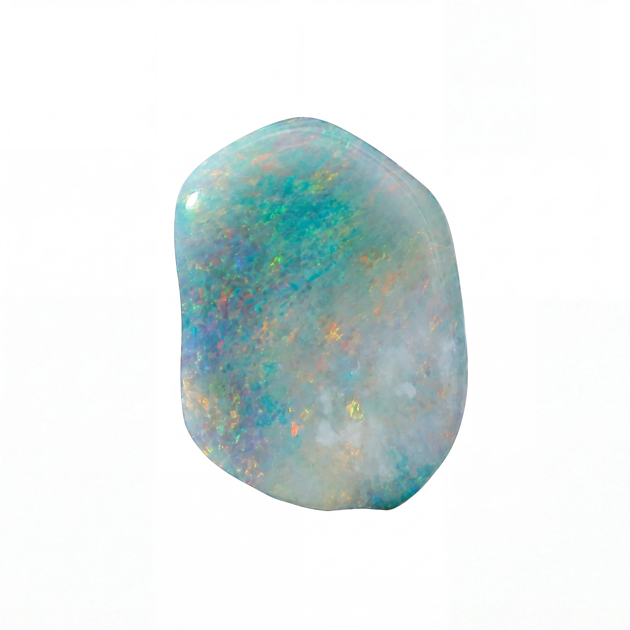 A polished, irregular-shaped opal gemstone displaying a play-of-colour with blue, green, orange, and white hues, isolated on a solid white background.
