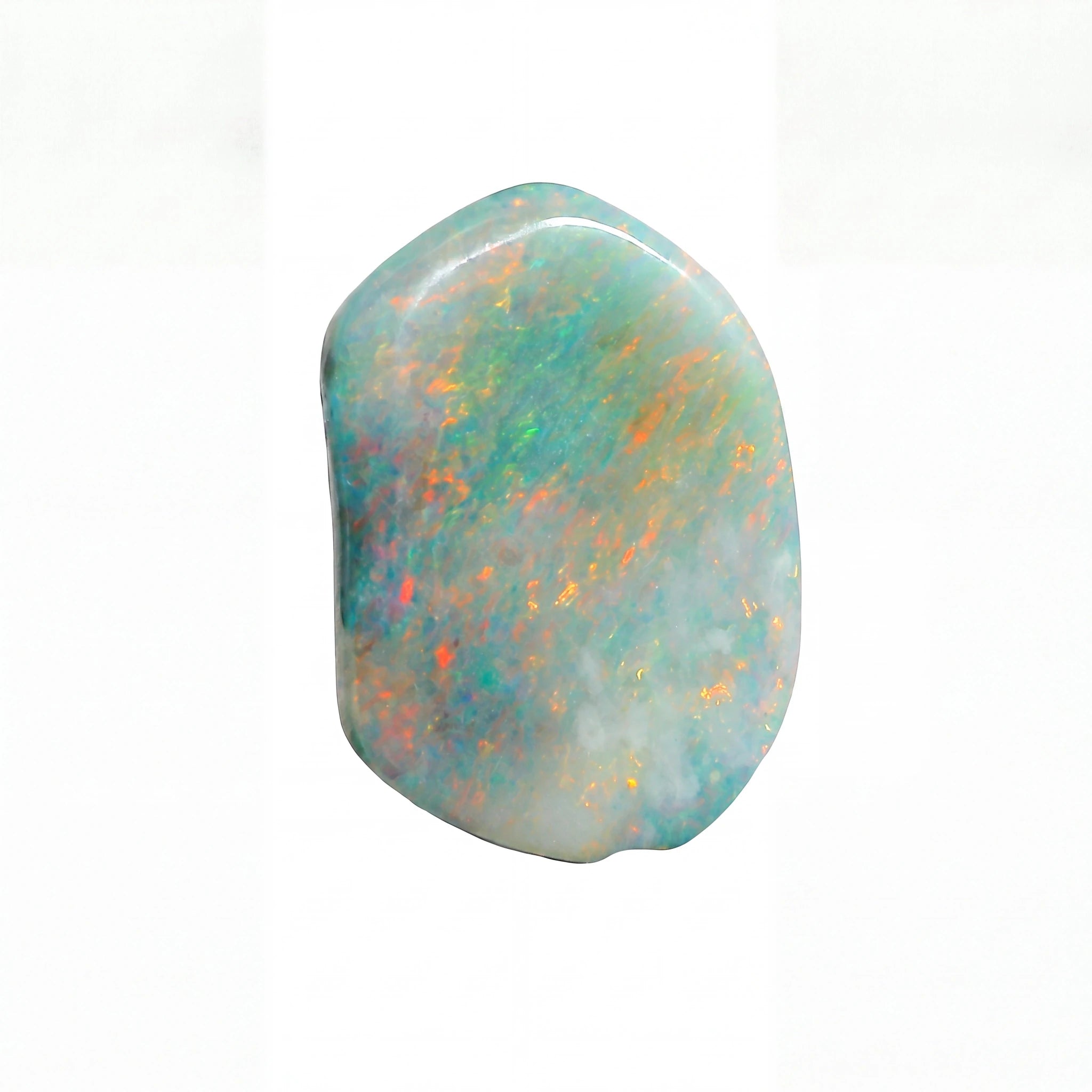 A polished irregular-shaped opal gemstone displaying a play-of-colour with light blue, green, orange, and white iridescent hues on a plain white background.