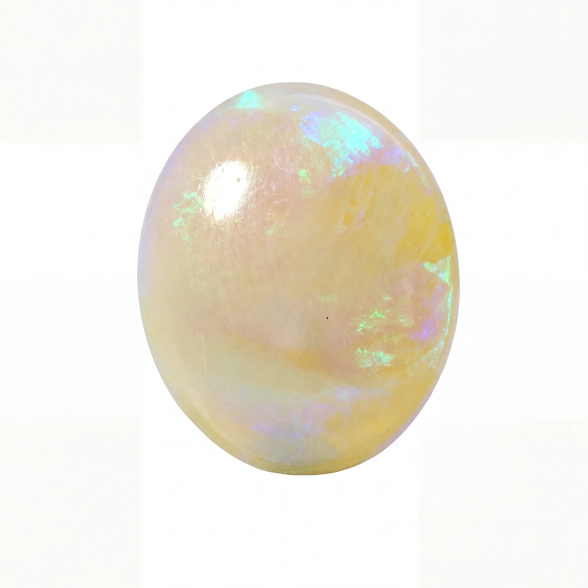 A polished oval cabochon gemstone with a milky white base and iridescent flashes of pastel blue, green, and yellow, shown on a plain white background.