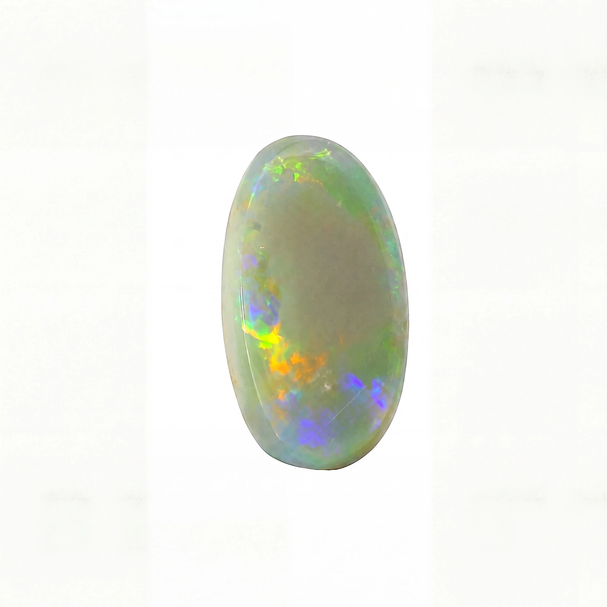 A single oval cabochon opal gemstone with a white base and vibrant iridescent flashes of green, orange, yellow, and blue, centered on a plain white background.
