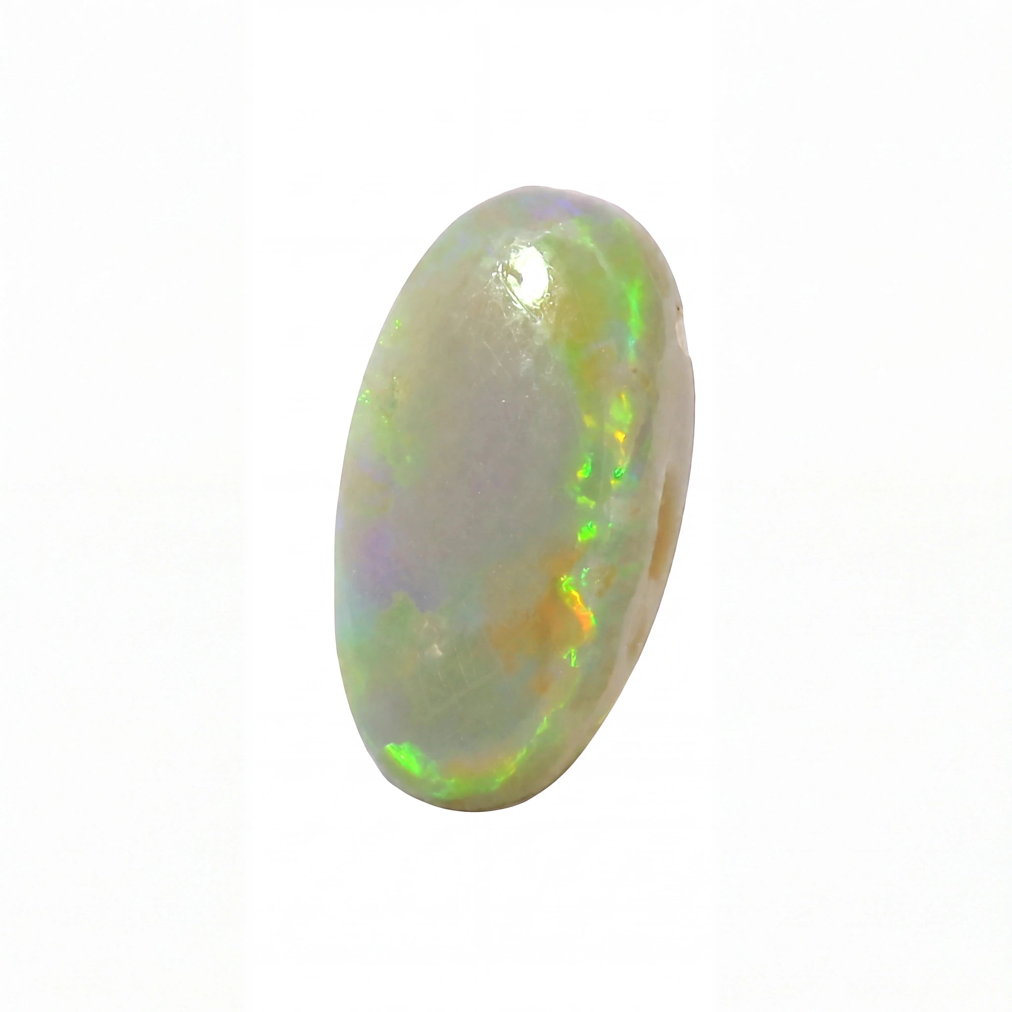A single oval cabochon opal gemstone with a white base and vibrant iridescent flashes of green, orange, and purple, shown on a plain white background.