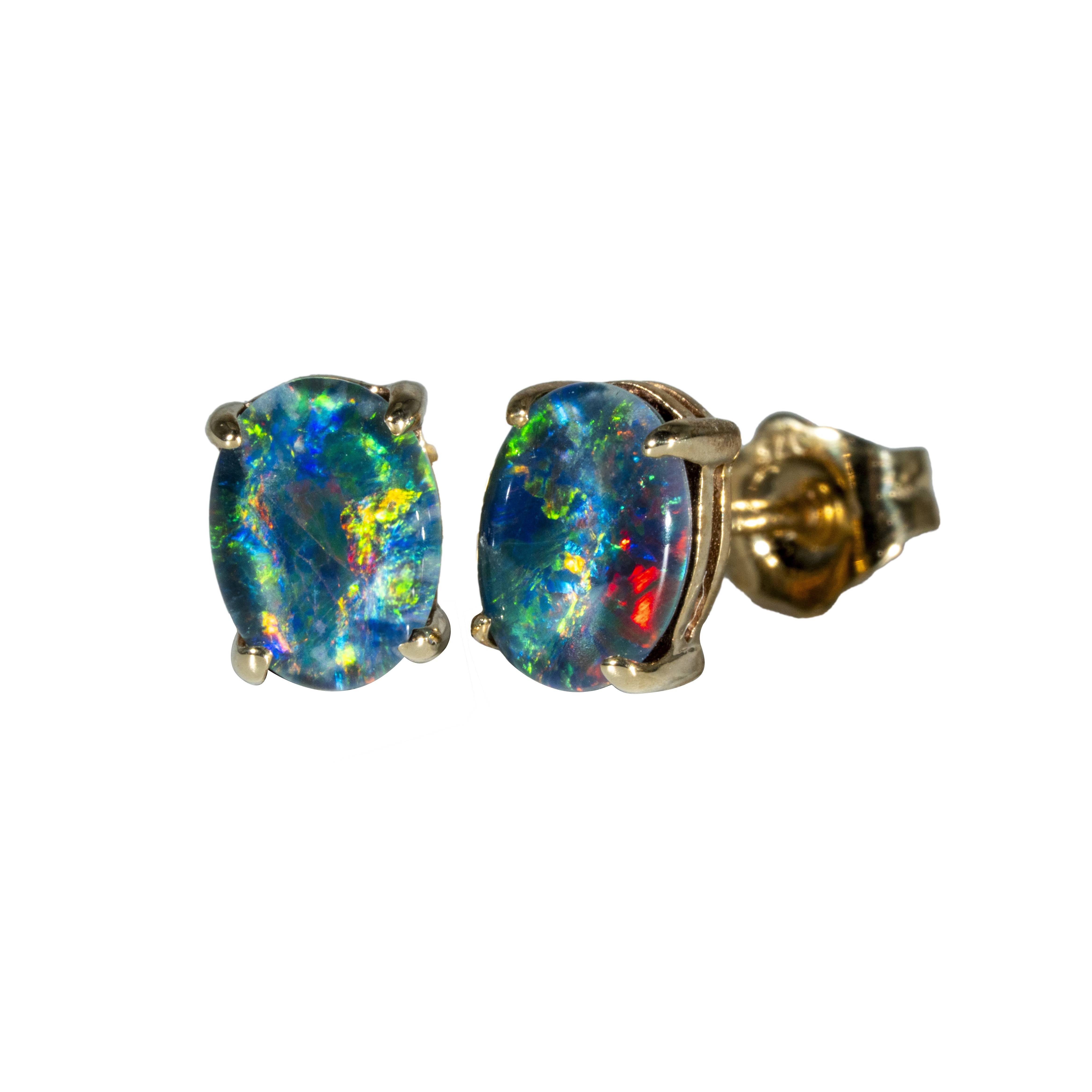 Triplet Opal Earrings in 9K Yellow Gold - Multicolour
