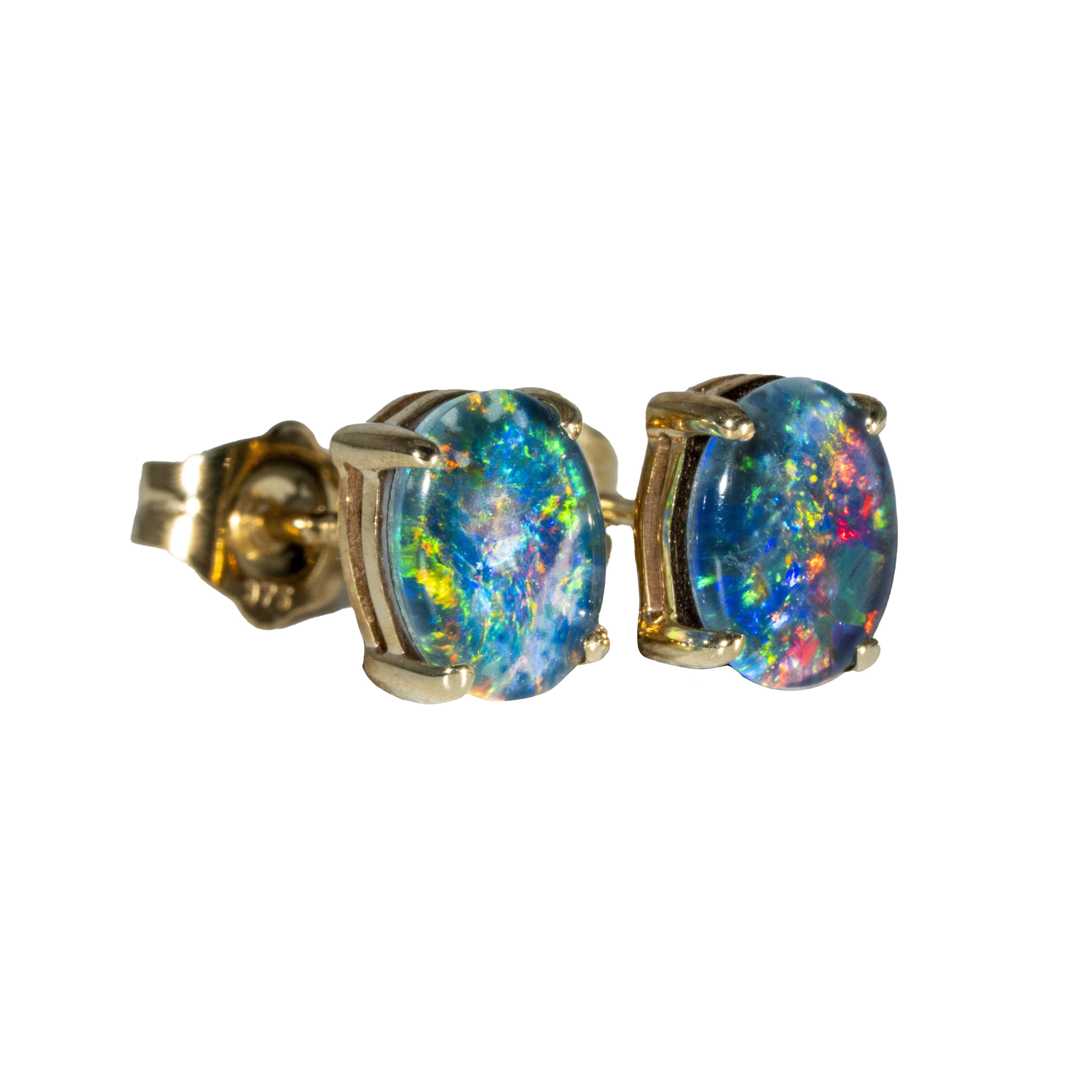 Triplet Opal Earrings in 9K Yellow Gold - Multicolour