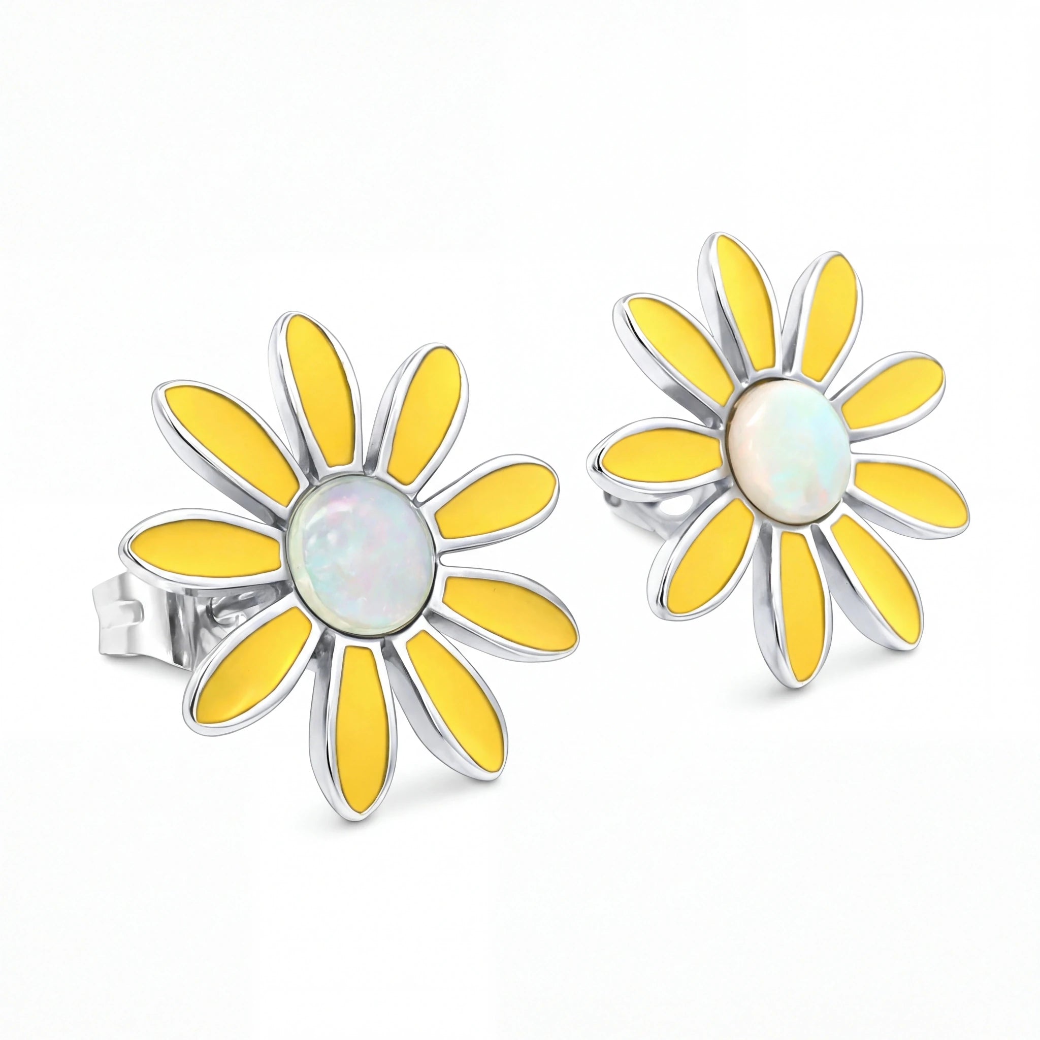 Yellow flower-shaped earrings with a white center on a white background