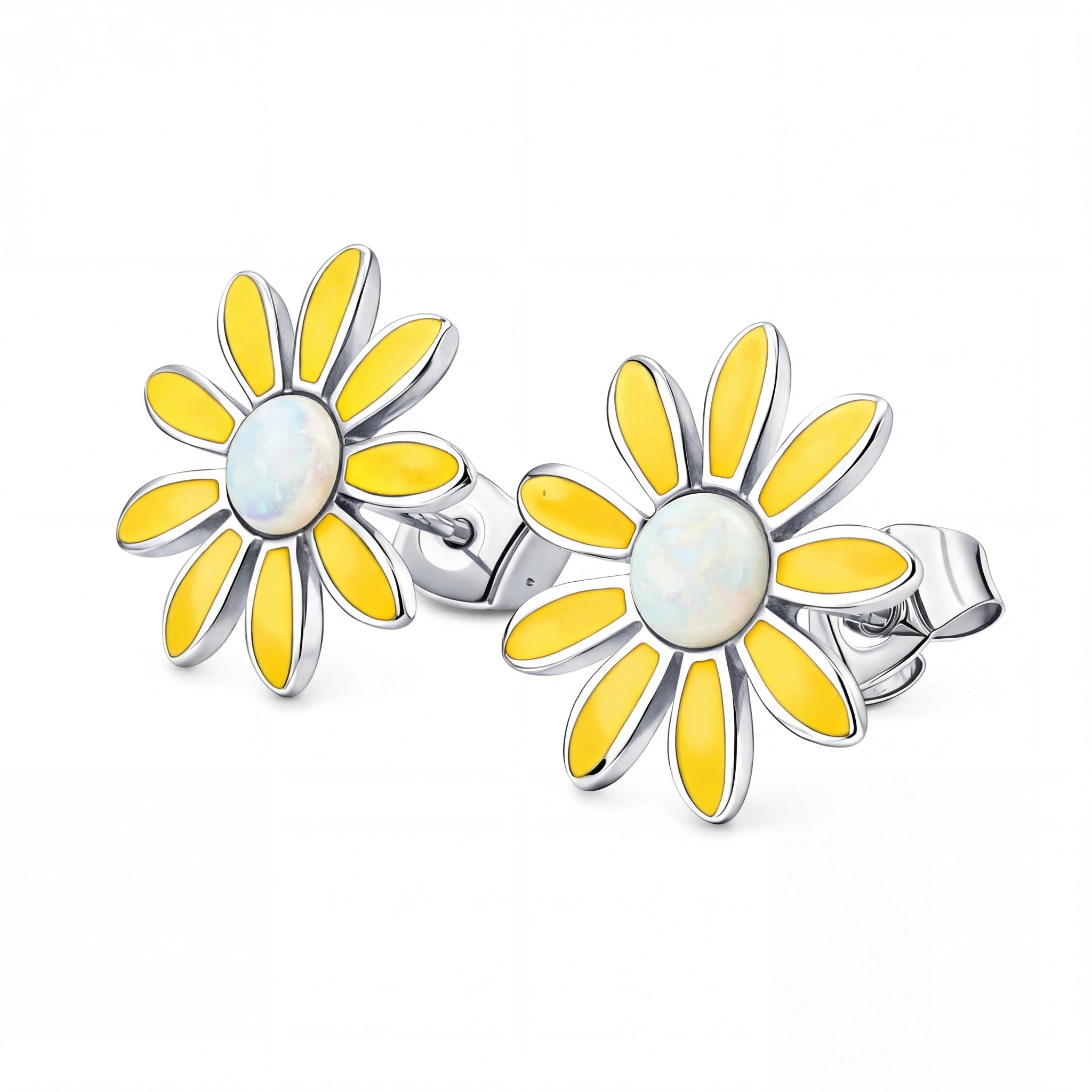 Sunflower-shaped earrings with yellow petals and a white center on a white background