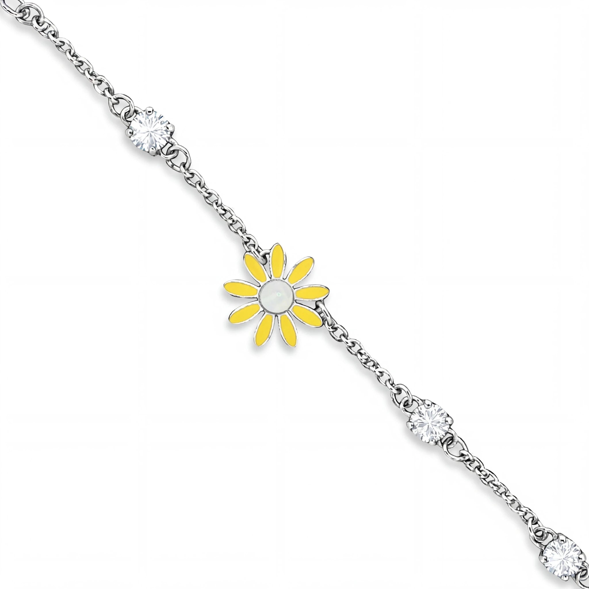 Silver bracelet with a yellow flower charm on a white background