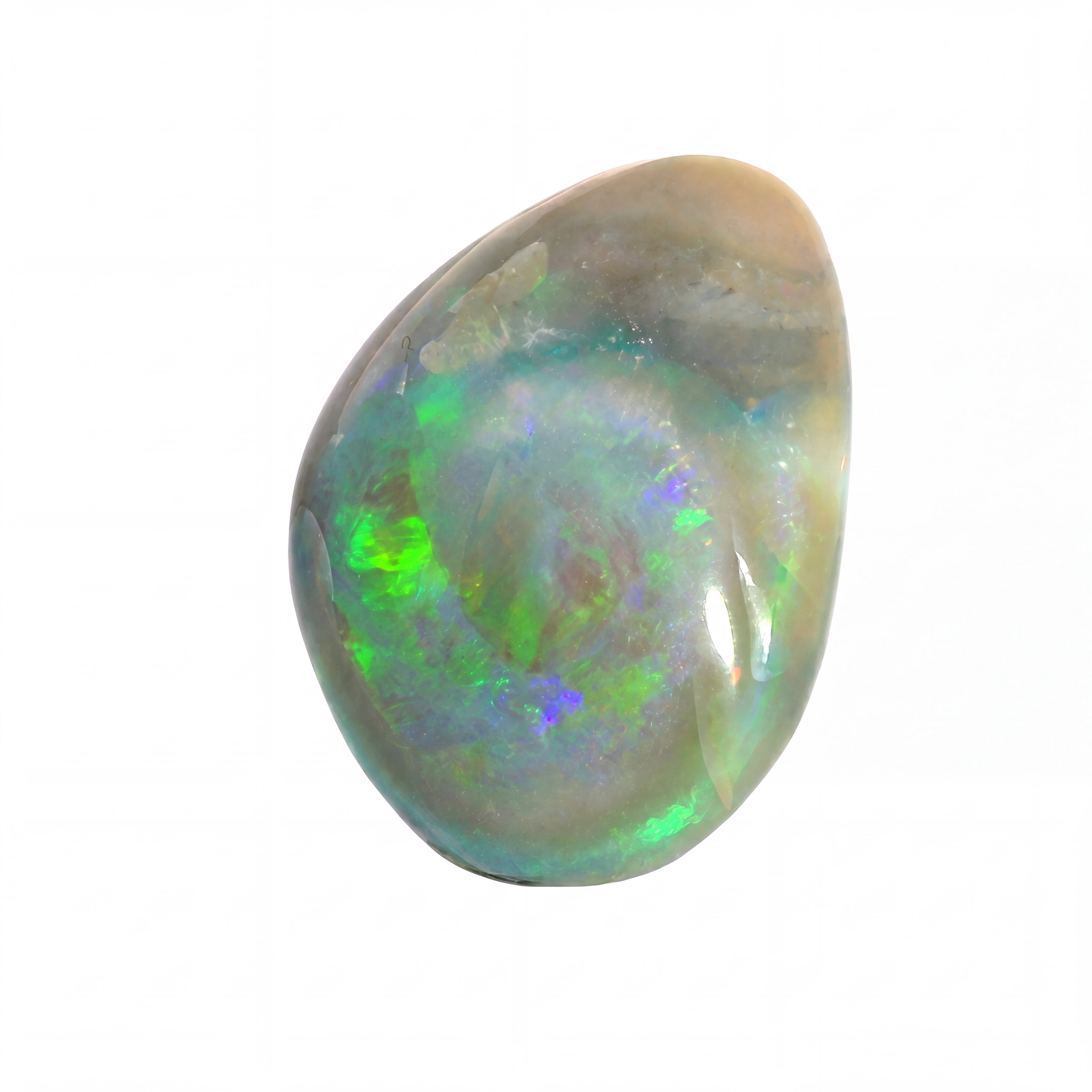 A polished teardrop-shaped cabochon opal gemstone displaying vibrant iridescent flashes of green, blue, and purple over a muted greyish-brown base, set against a plain white background.