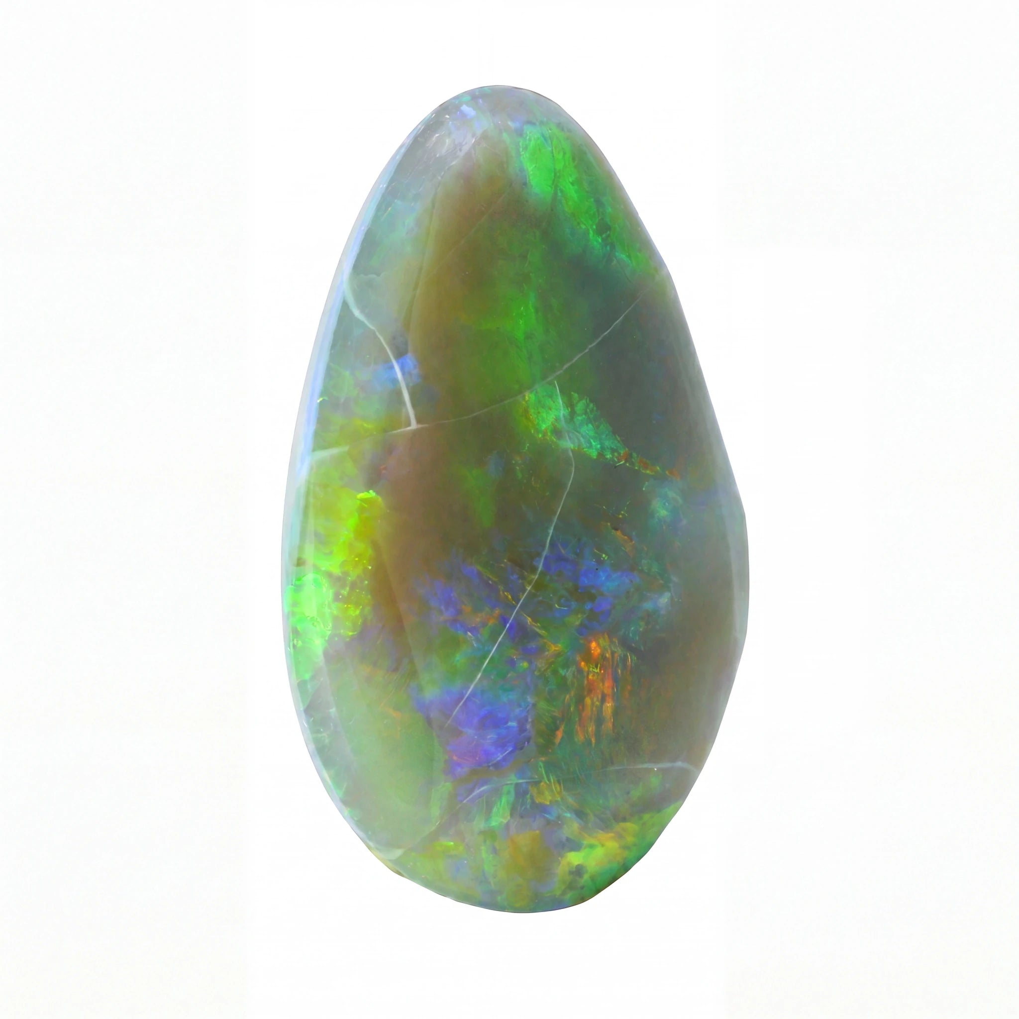 A teardrop-shaped polished opal gemstone displaying vibrant iridescent colours including green, blue, purple, and orange on a white background.