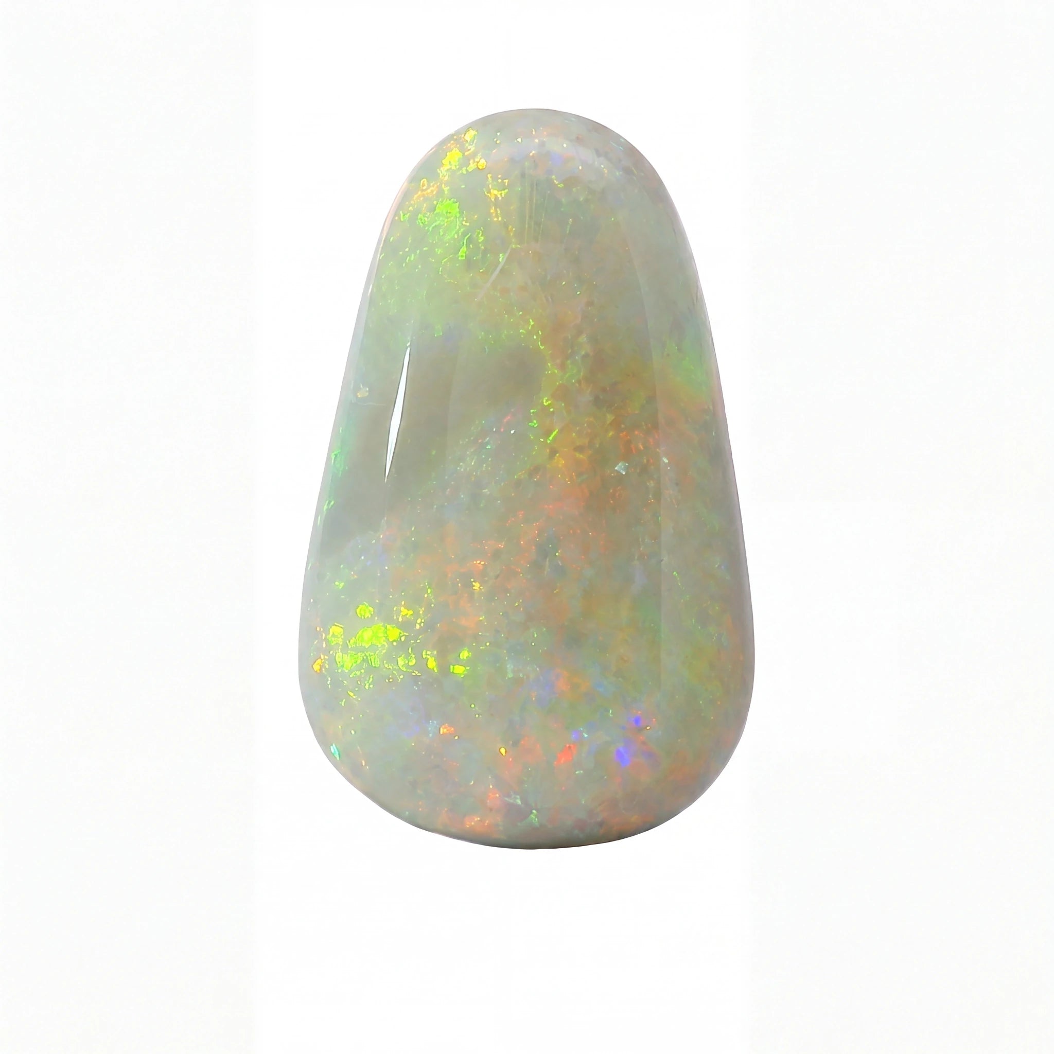 A polished teardrop-shaped white opal gemstone with vibrant iridescent flashes of yellow, orange, and blue, set against a plain white background.