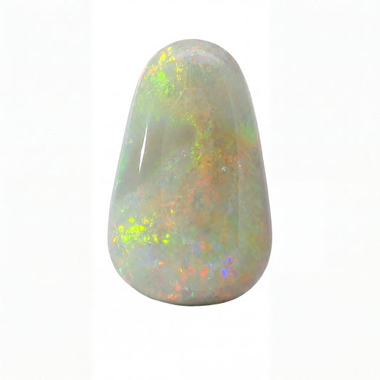 A polished teardrop-shaped white opal gemstone with vibrant iridescent flashes of yellow, orange, and blue, set against a plain white background.