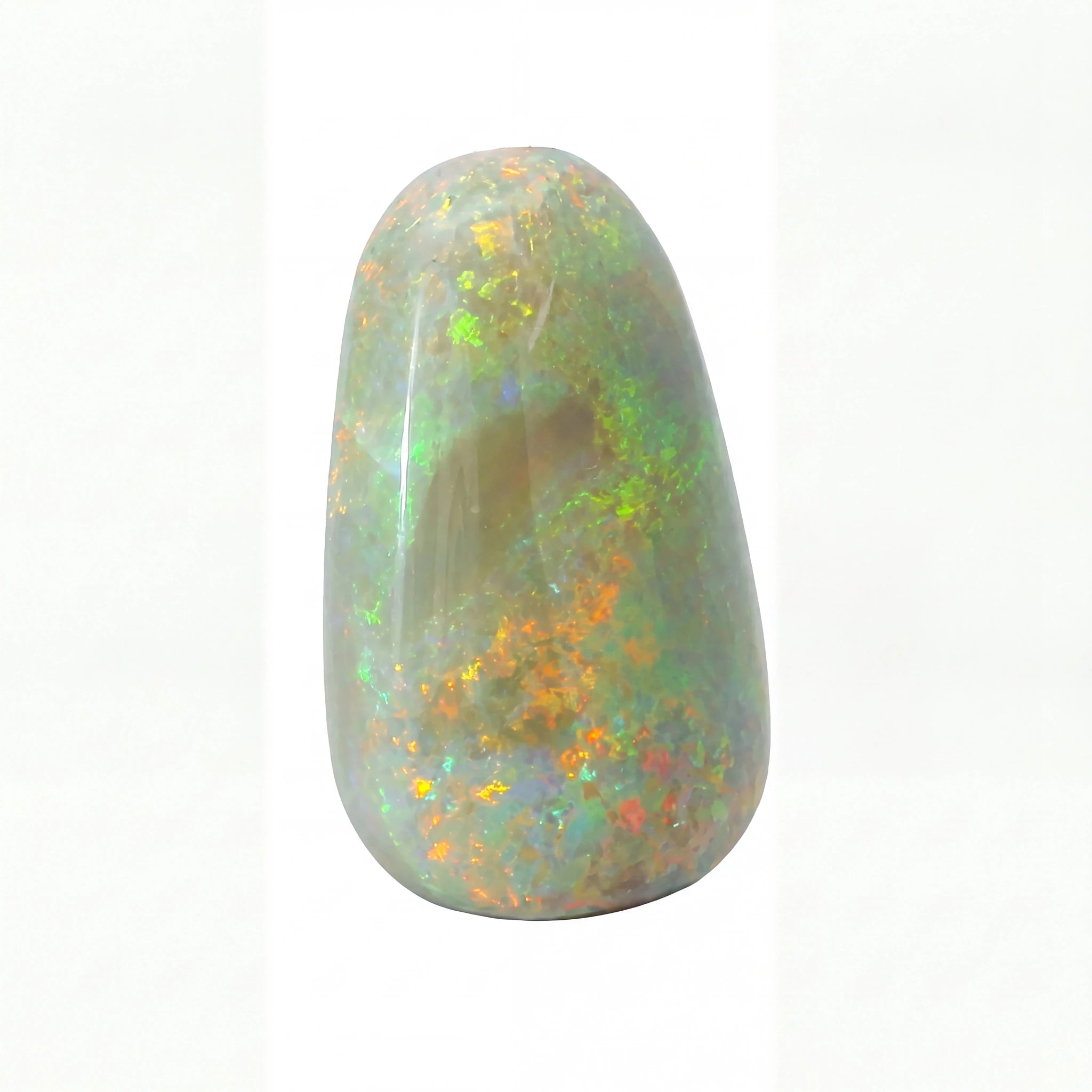 A polished teardrop-shaped opal stone with a smooth, glossy finish, showcasing a mix of grey, green, orange, and yellow flashes on a white background.