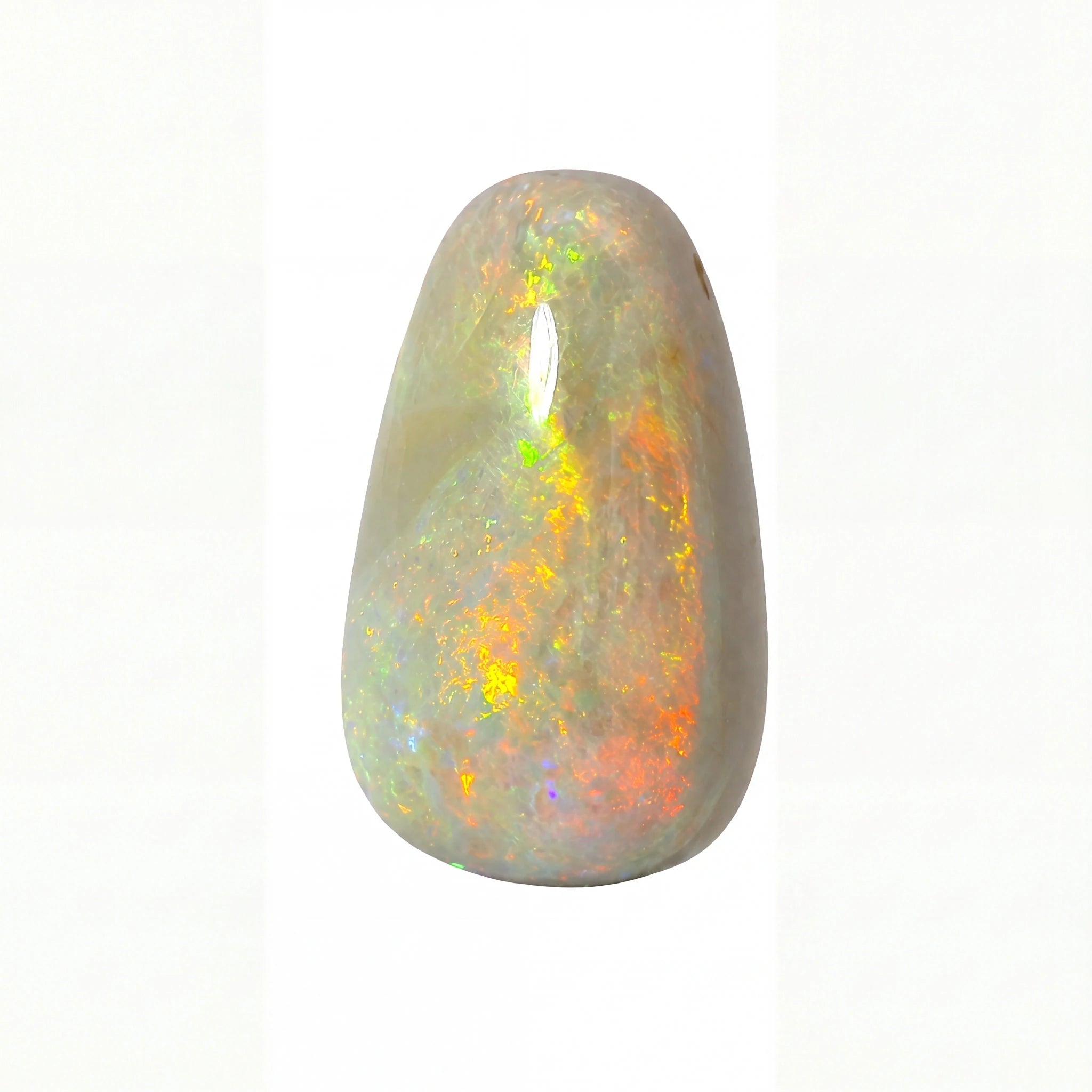 A polished teardrop-shaped white opal gemstone with vibrant flashes of orange, yellow, and green, set against a plain white background.