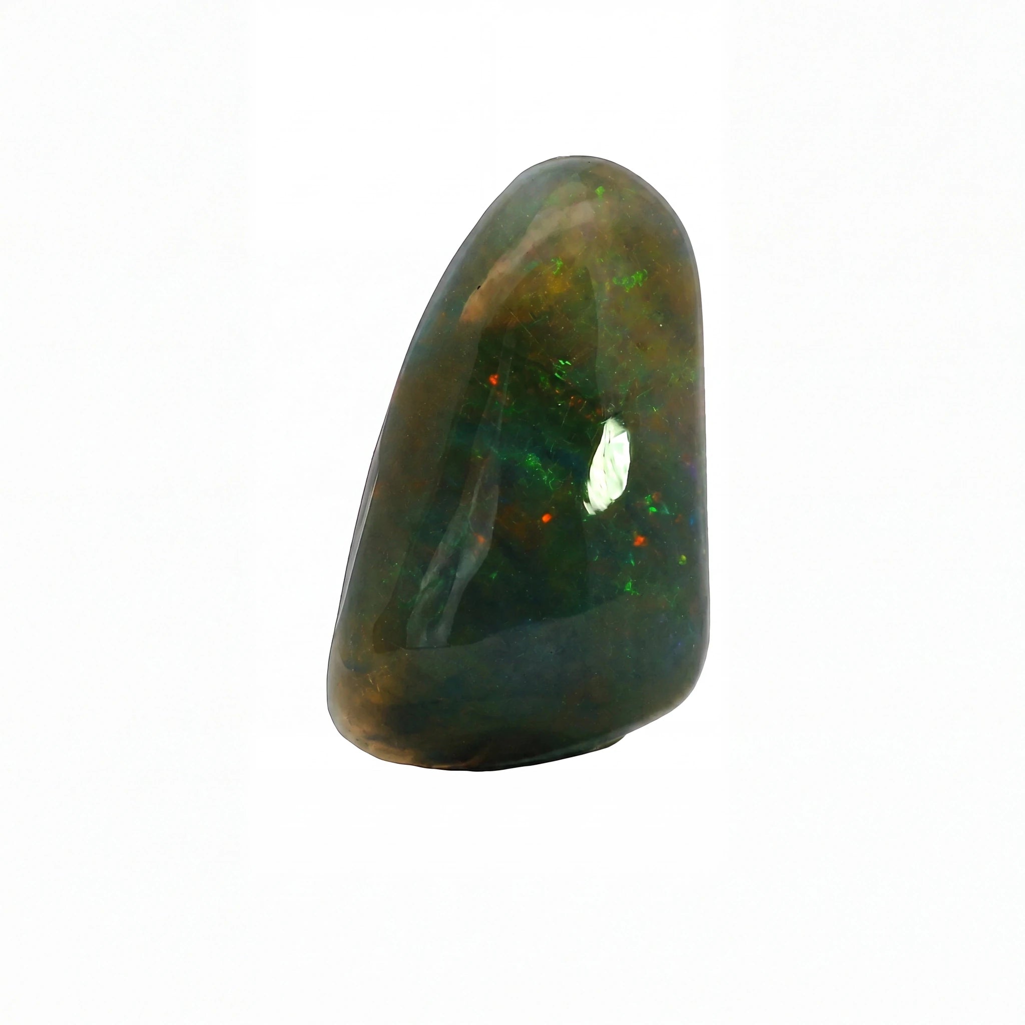 A polished natural opal stone with a teardrop shape, displaying a dark green and black base with vibrant flashes of orange, red, and blue iridescence, set against a plain white background.