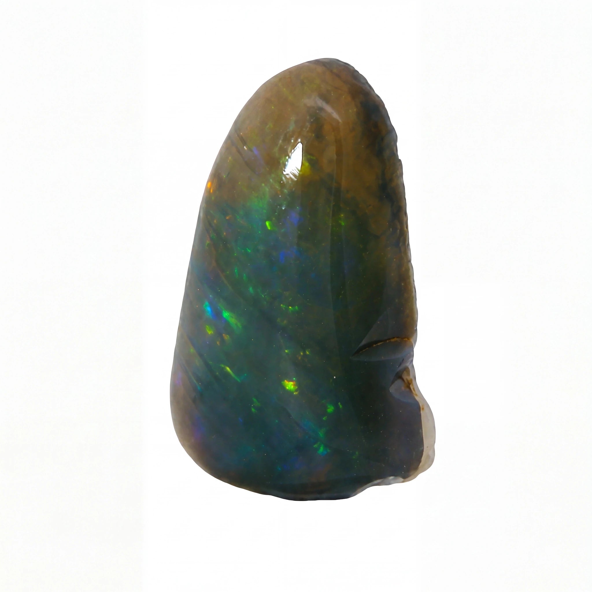 A polished natural opal stone with a teardrop shape, featuring a dark brown and black base with vibrant flashes of green, blue, and yellow iridescence, set against a plain white background.
