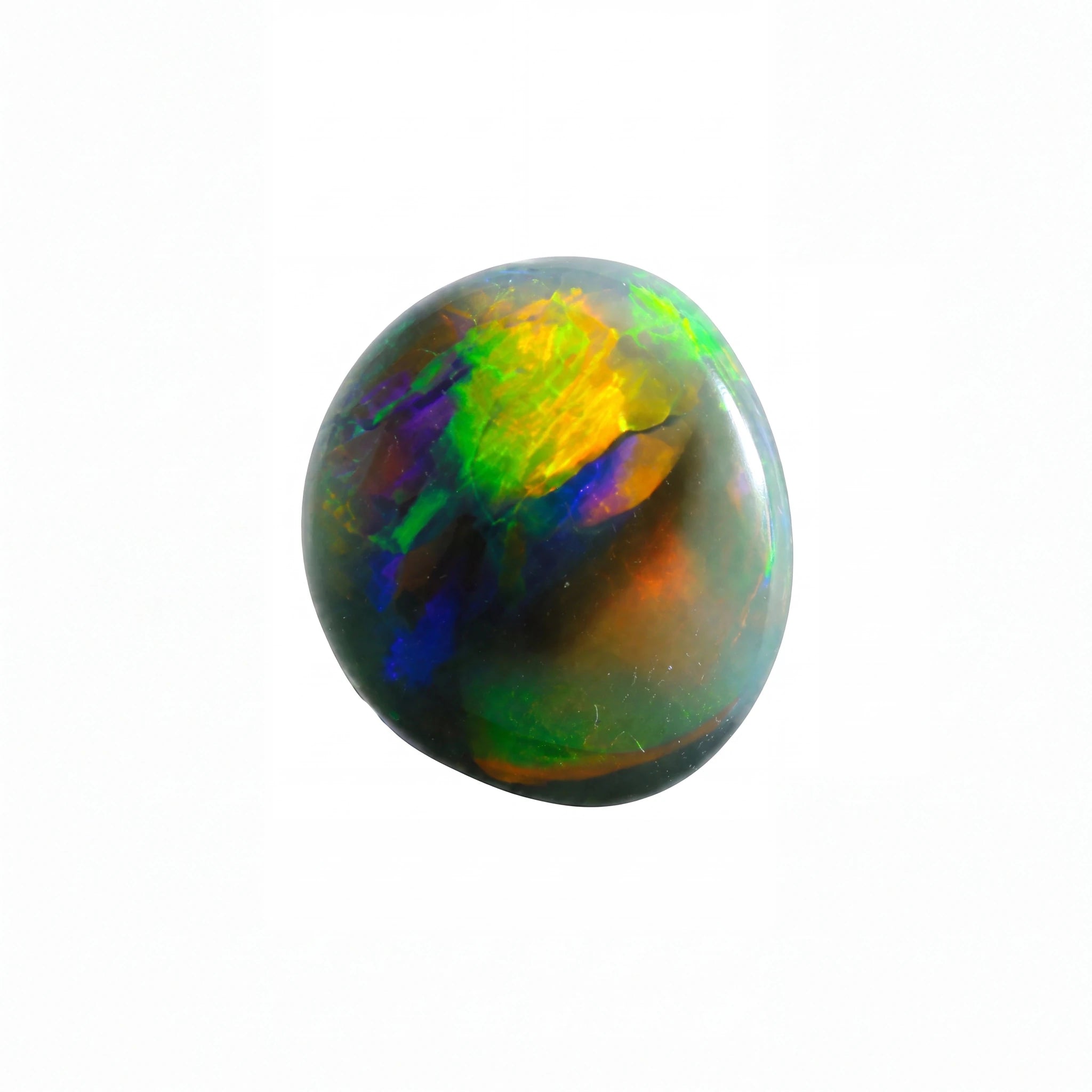 A polished cabochon opal gemstone displaying a vibrant play-of-colour with green, yellow, blue, orange, and purple hues on a solid white background.