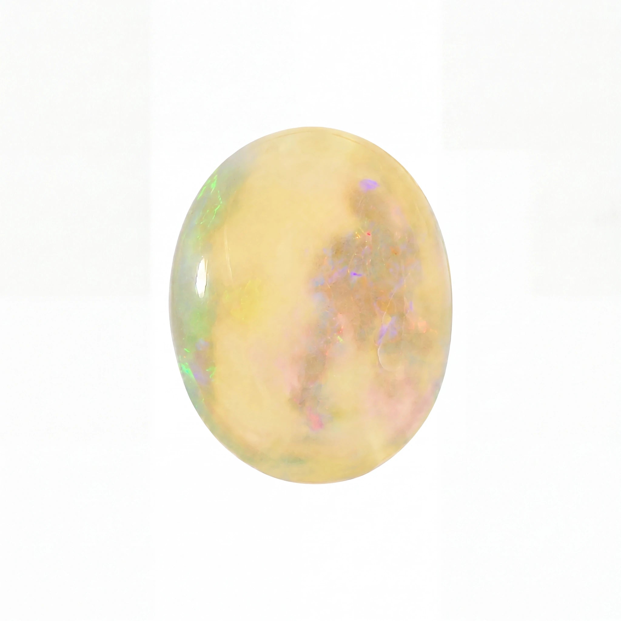 A polished oval cabochon gemstone featuring a creamy yellow base with iridescent flashes of green, blue, and pink, set against a plain white background.