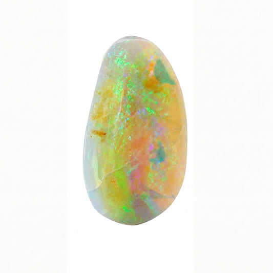 A polished teardrop-shaped opal gemstone displaying vibrant iridescent flashes of green, yellow, orange, and pink on a white background.