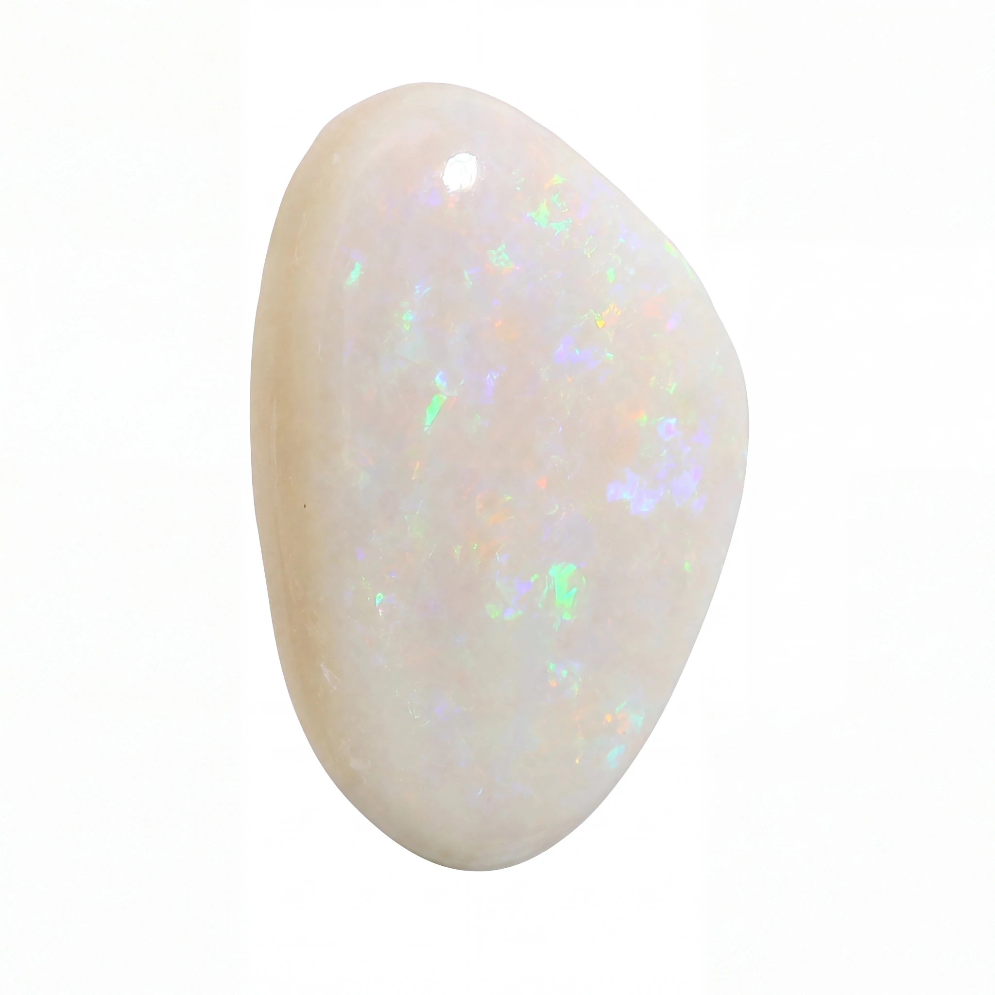 A polished, teardrop-shaped white opal gemstone with vibrant iridescent flashes of green, blue, and orange, shown on a solid white background.