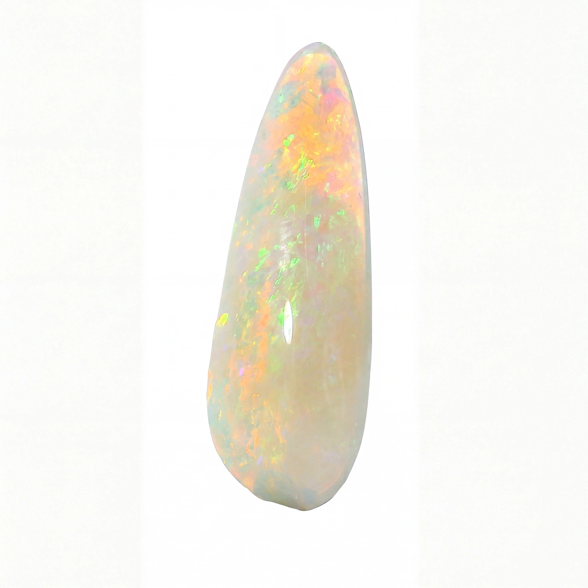 A teardrop-shaped white opal gemstone with vibrant iridescent flashes of orange, yellow, and green, set against a plain white background.