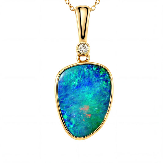 Doublet Opal Pendant in 14K Yellow Gold - Green-Blue - Australian Opal Cutters and Pearl Divers