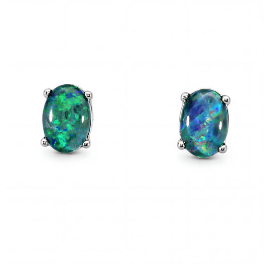 Triplet Opal Earrings in Stainless Steel - Green-Blue - Australian Opal Cutters and Pearl Divers