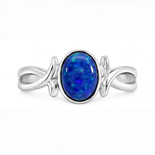 Black Opal Ring in Stainless Steel - Green-Blue