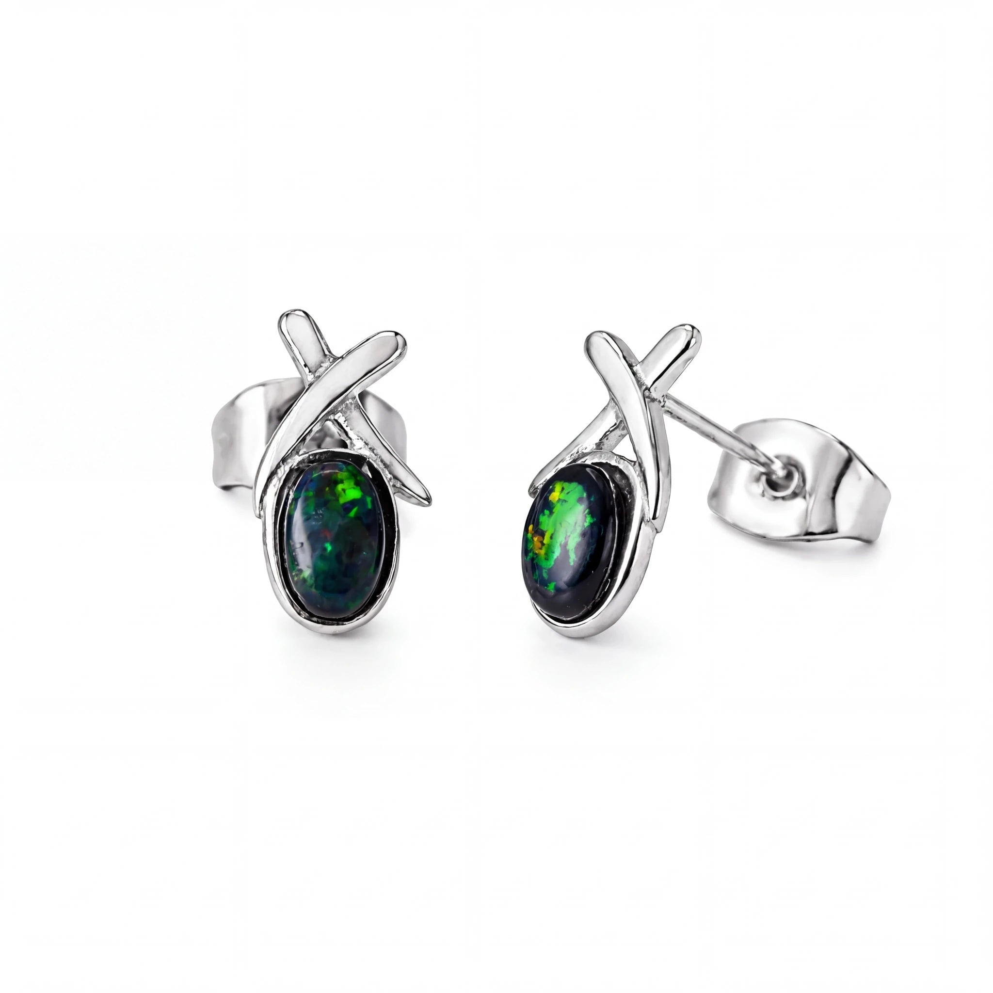 Black Opal Earrings in Stainless Steel - Green-Blue - Australian Opal Cutters and Pearl Divers