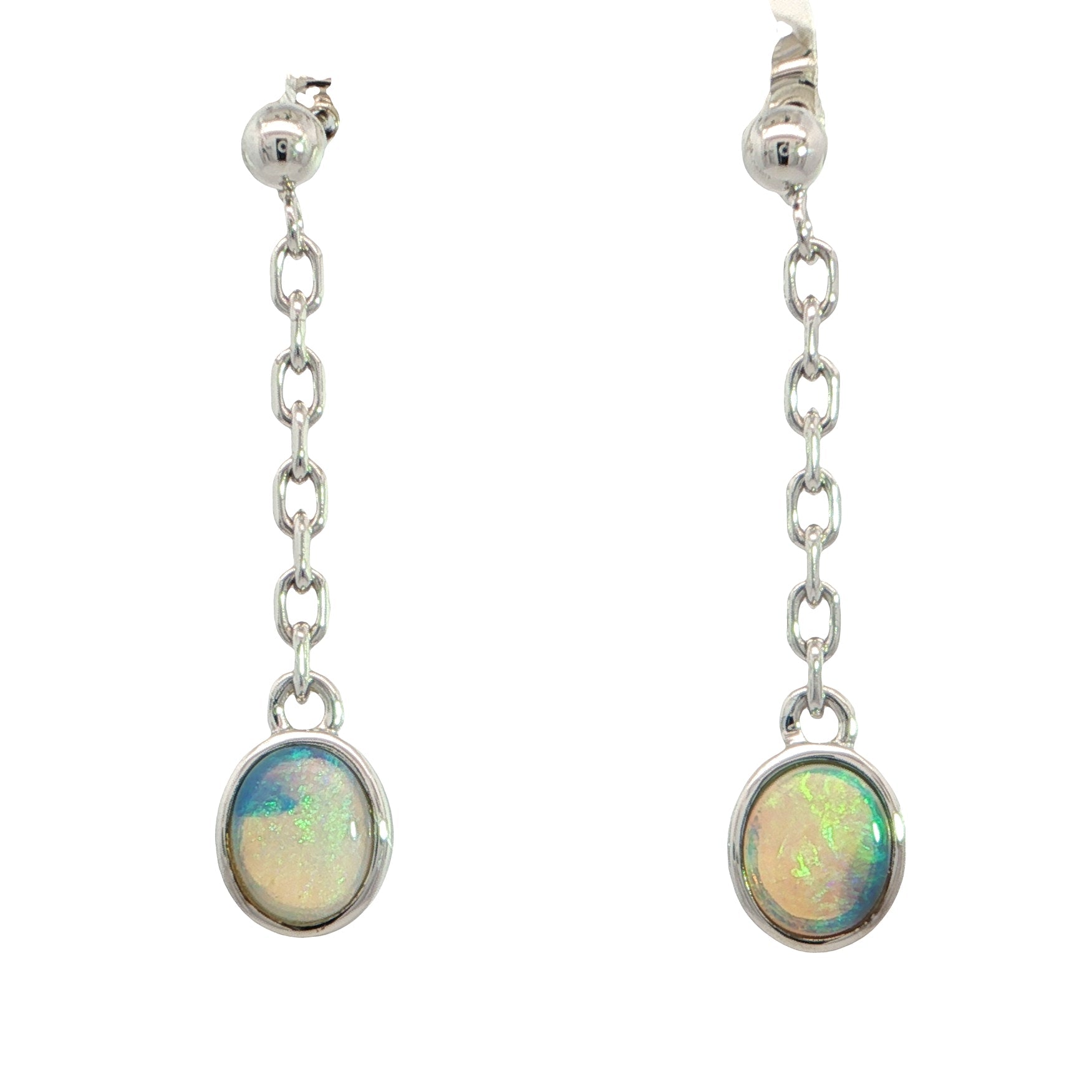 Pair of silver earrings with opal stones on a white background